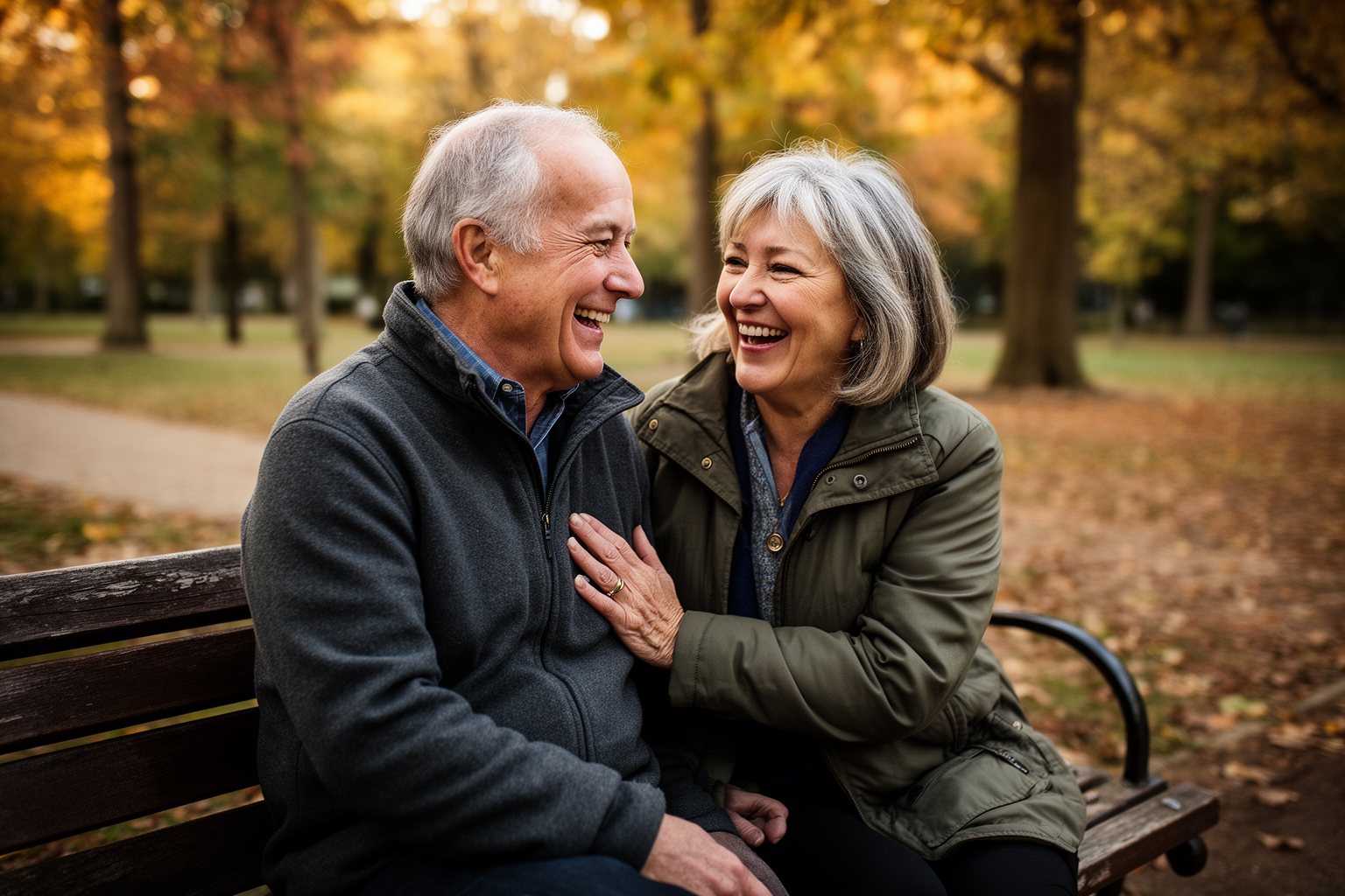 The Upside of Optimism: How to Always Look on the Bright Side Older couple laughing together on a park bench