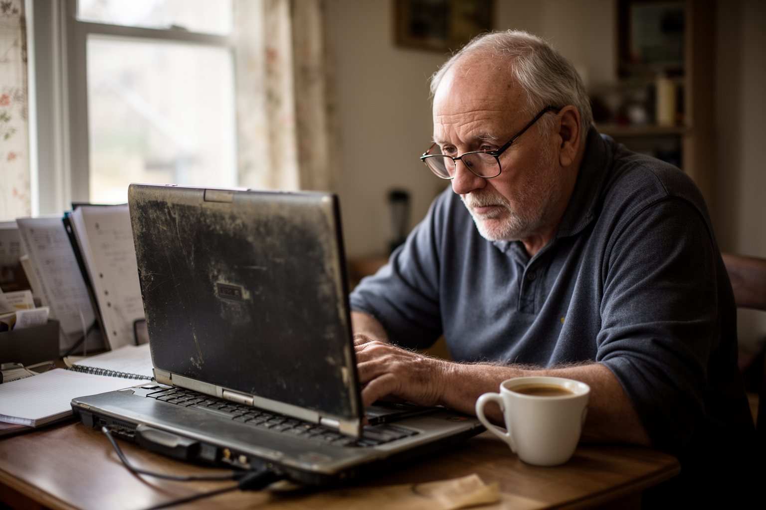 Retired man using an older, well-worn laptop at a home writing desk