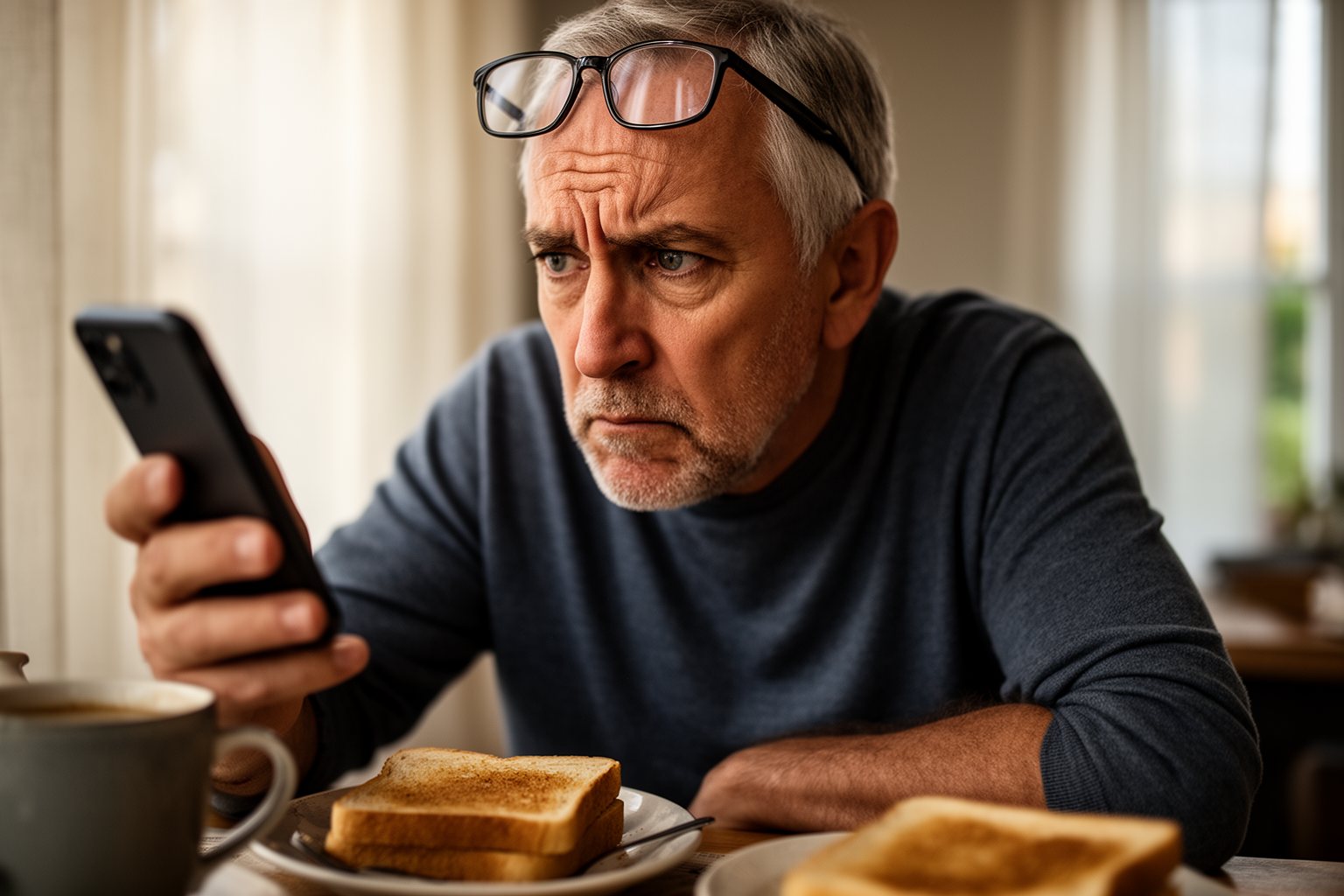 Pros and Cons of Social Media: A Double-Edged Sword Older man looking skeptically at a news story on his phone at the breakfast table