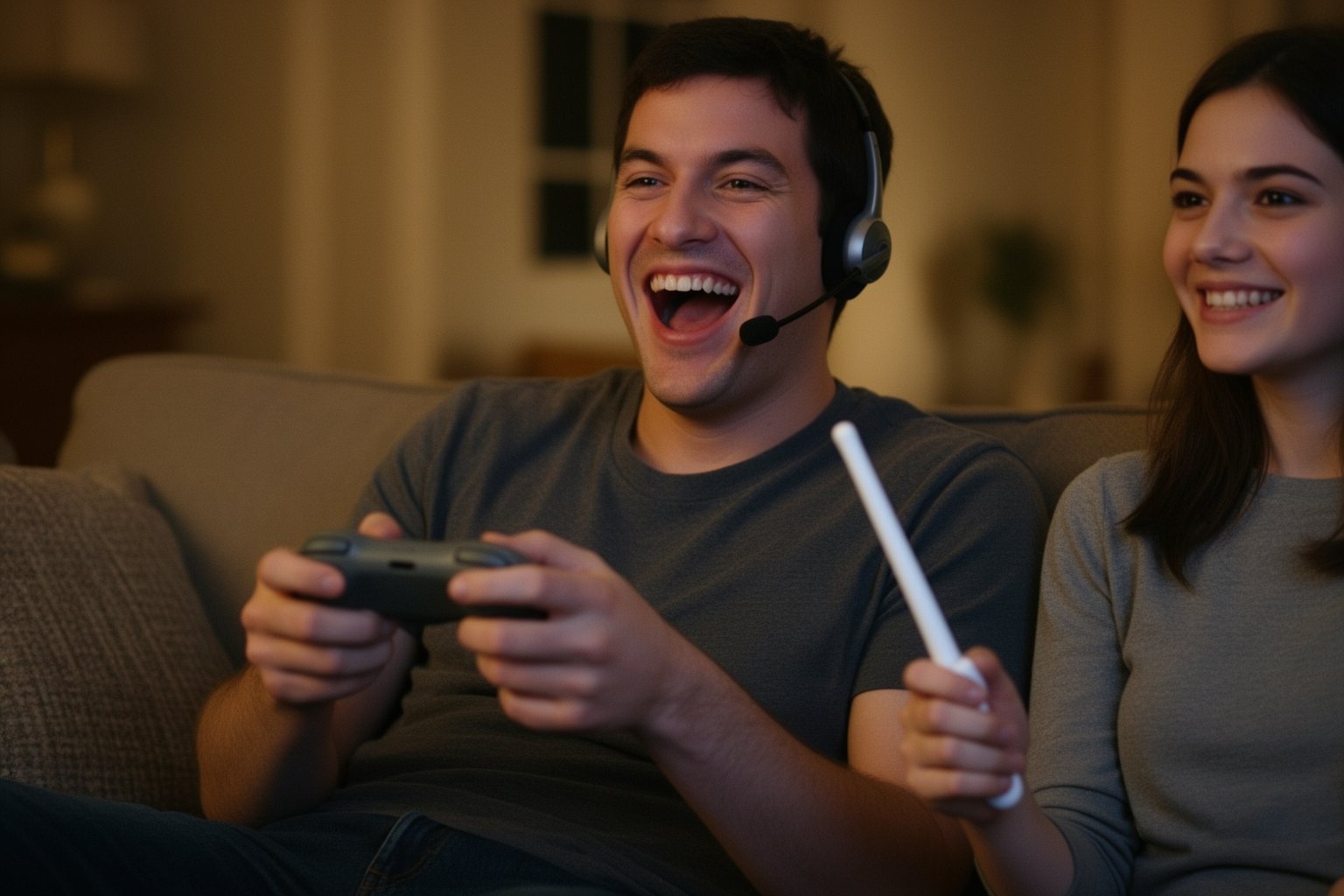 Player wearing a headset for online console gaming in a mid-2000s living room