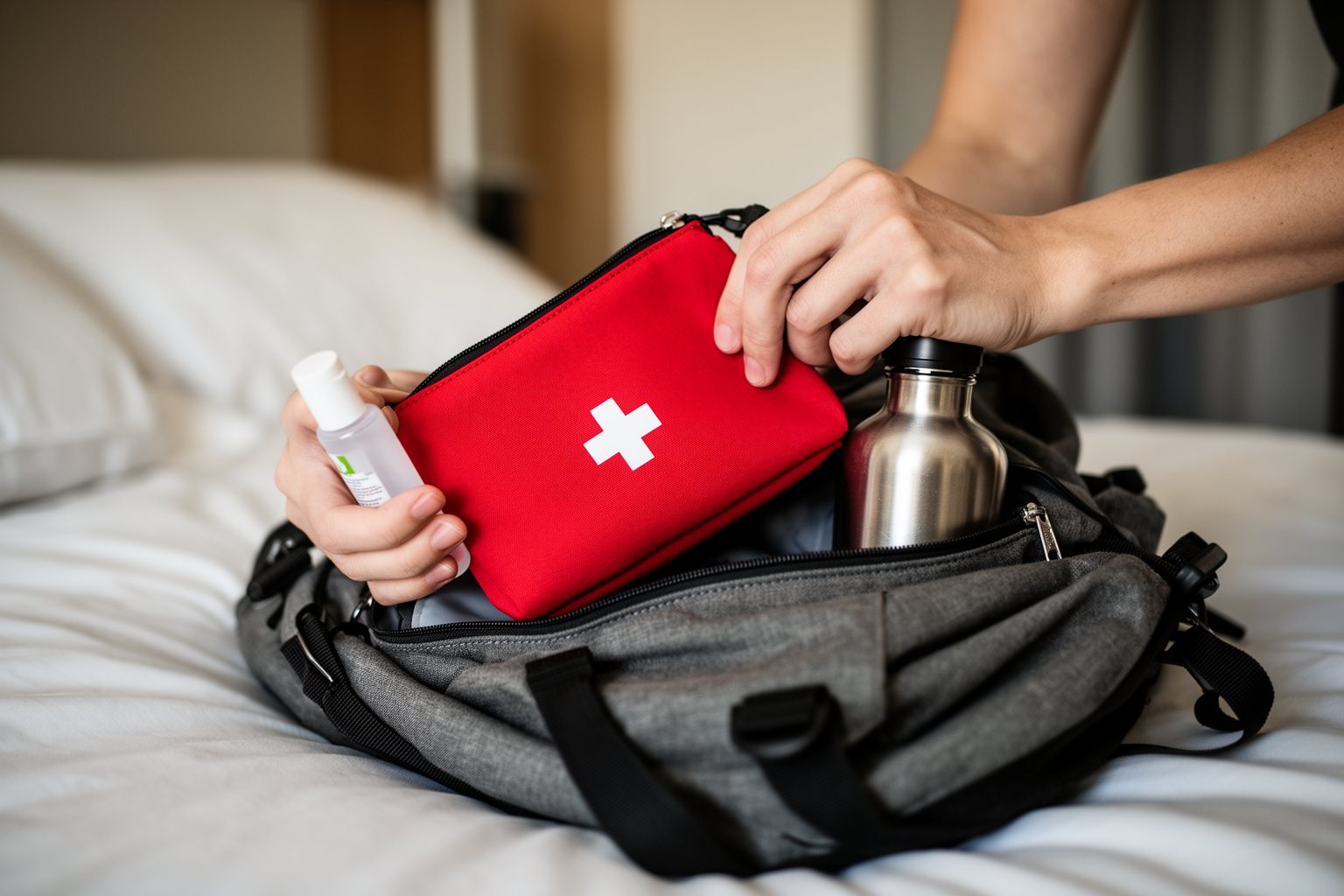 Unveiling the Top 10 Travel Hacks That Will Change The Way You Explore! Traveler packing a small first aid kit, hand sanitiser and a water bottle into a daypack