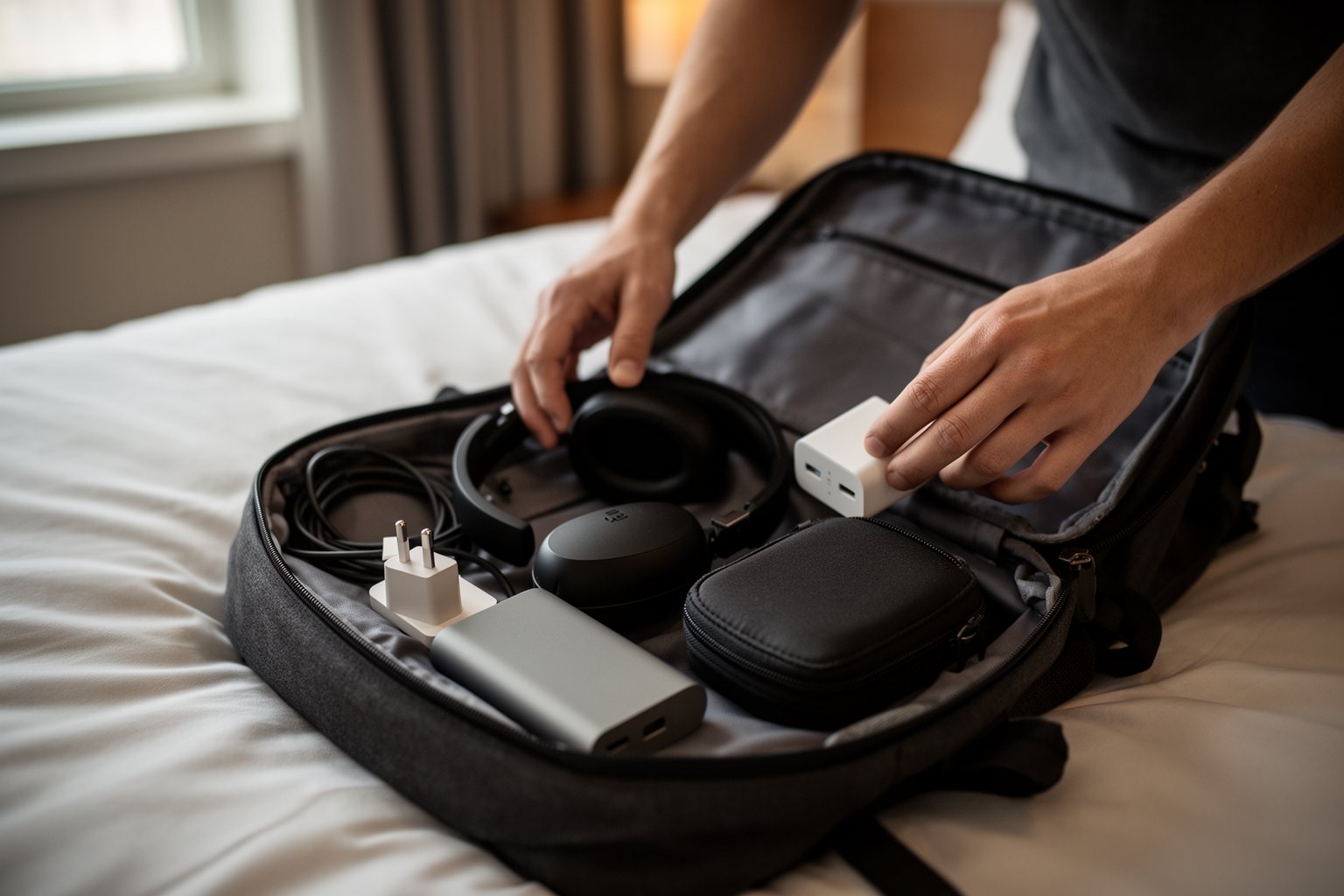 Unveiling The Top 10 Travel Gadgets You Never Knew You Needed Traveler packing headphones, power bank and adapter into a backpack before heading out