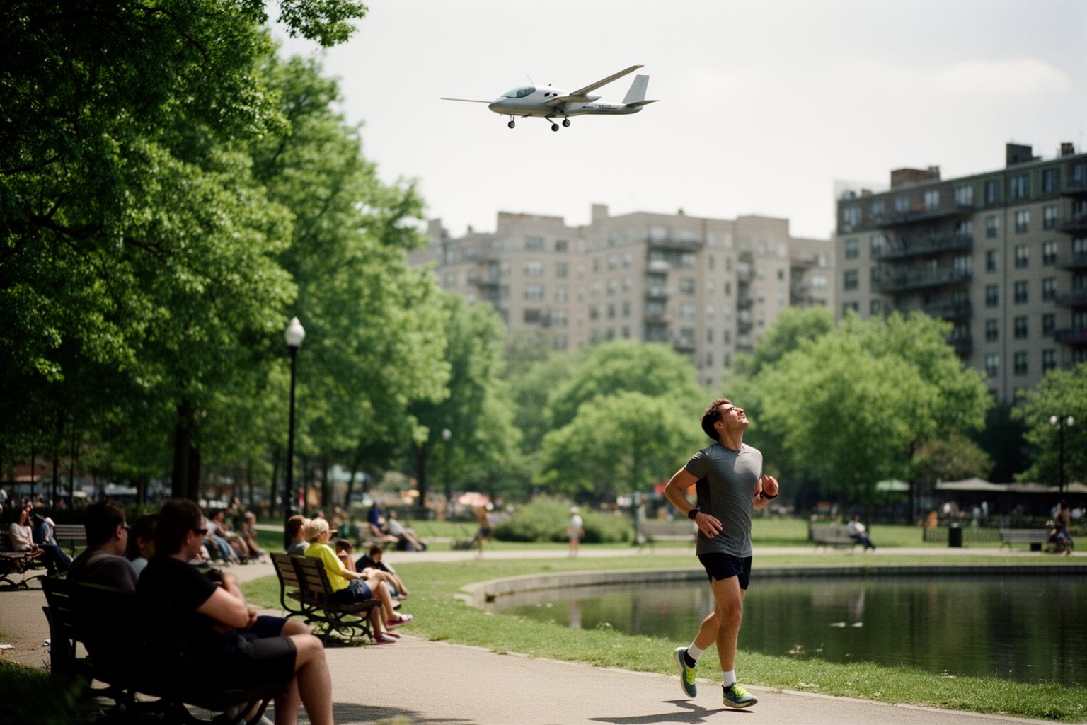 Jetsons Reality: The Dawn of Flying Cars Residents in a city park glancing up at a quiet electric aircraft flying overhead