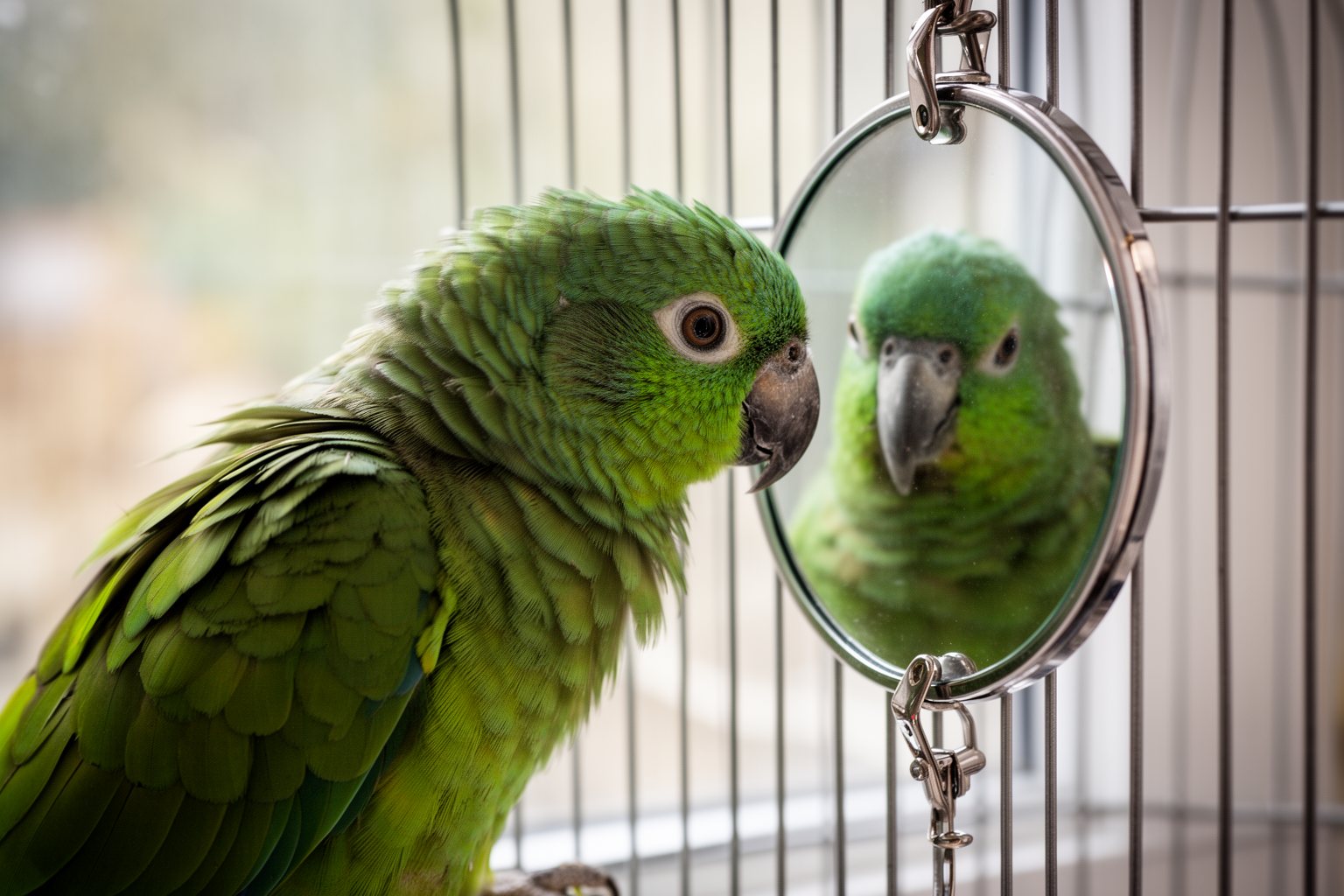 10 Epic Fails: Hilarious Pet Antics That Went Viral Green parrot tilting its head at its own reflection in a small mirror