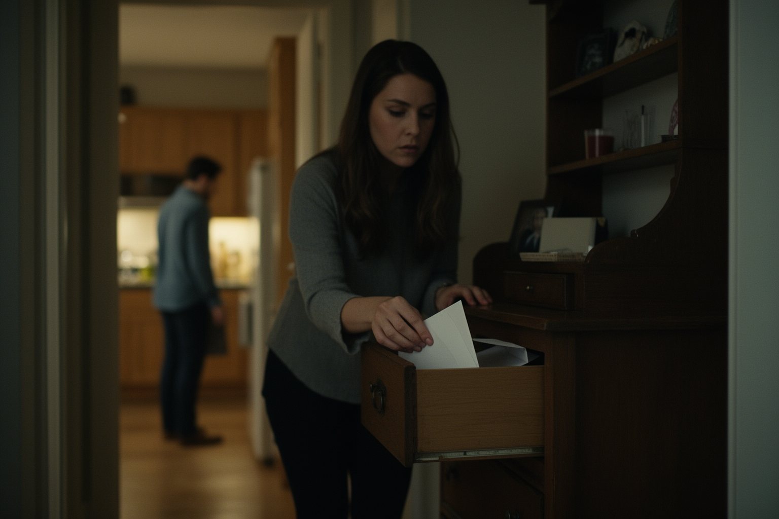 Money Secrets in Relationships: Rebuilding Love and Trust Woman slipping an unopened bill into a drawer while her partner is in the next room