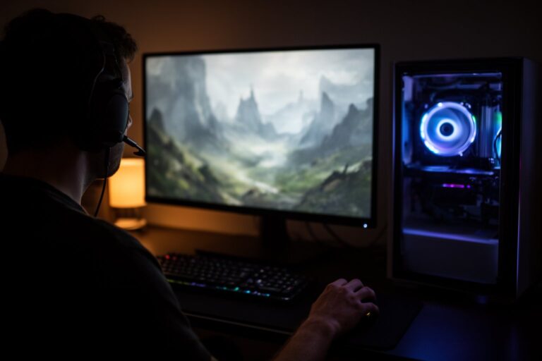Top 10 PC Games You Can't Afford To Miss PC gamer absorbed in an epic fantasy game on a large monitor in a dark room at night