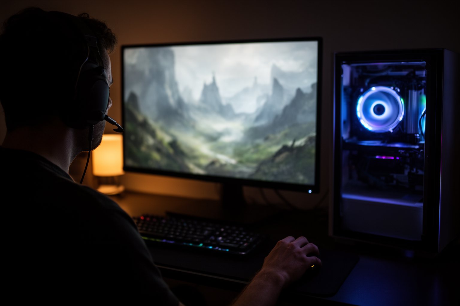 Top 10 PC Games You Can't Afford To Miss PC gamer absorbed in an epic fantasy game on a large monitor in a dark room at night