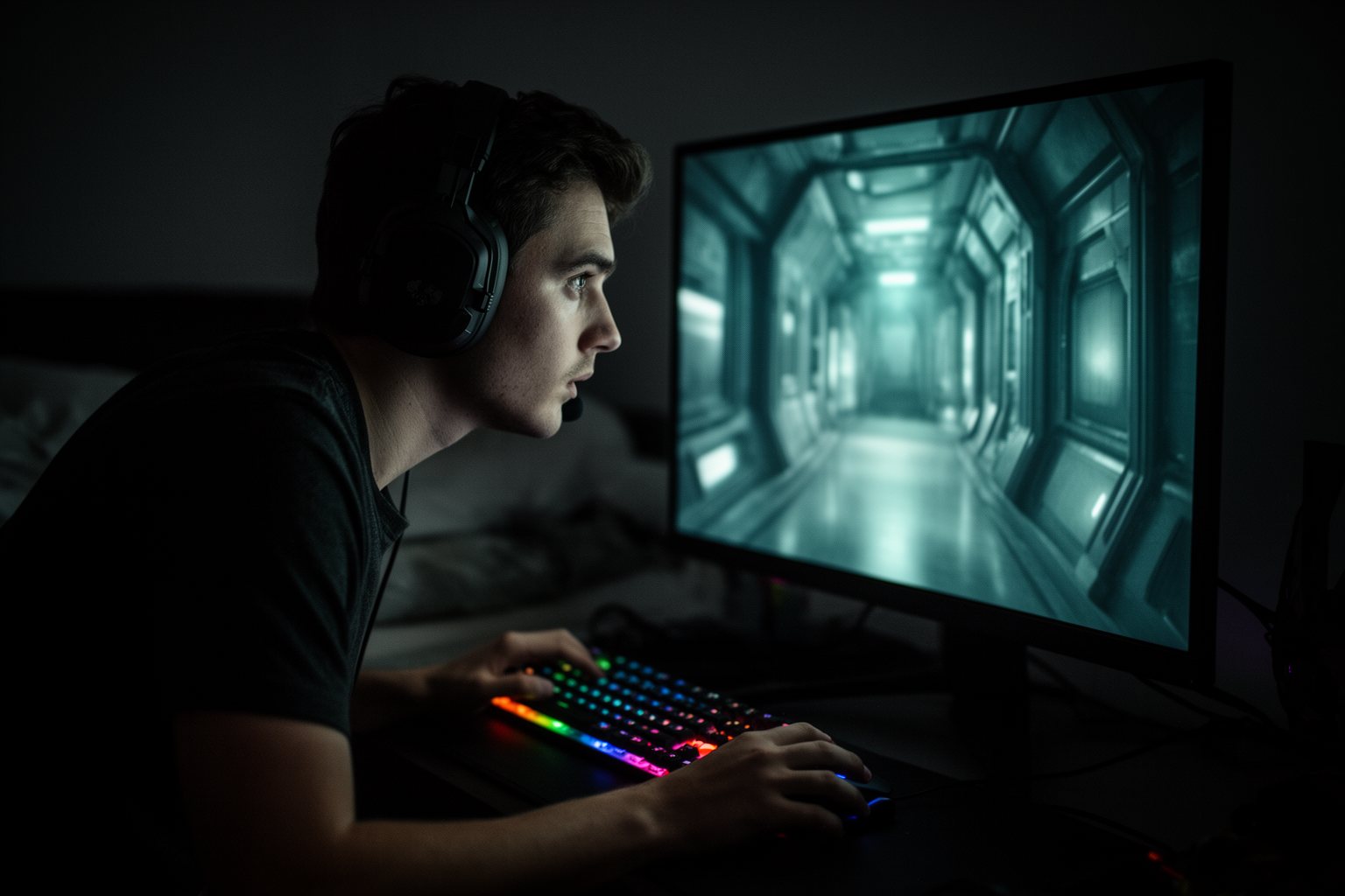 Top 10 Games of 2023: The Best of Every Genre PC gamer in a headset intently playing a first-person shooter at night