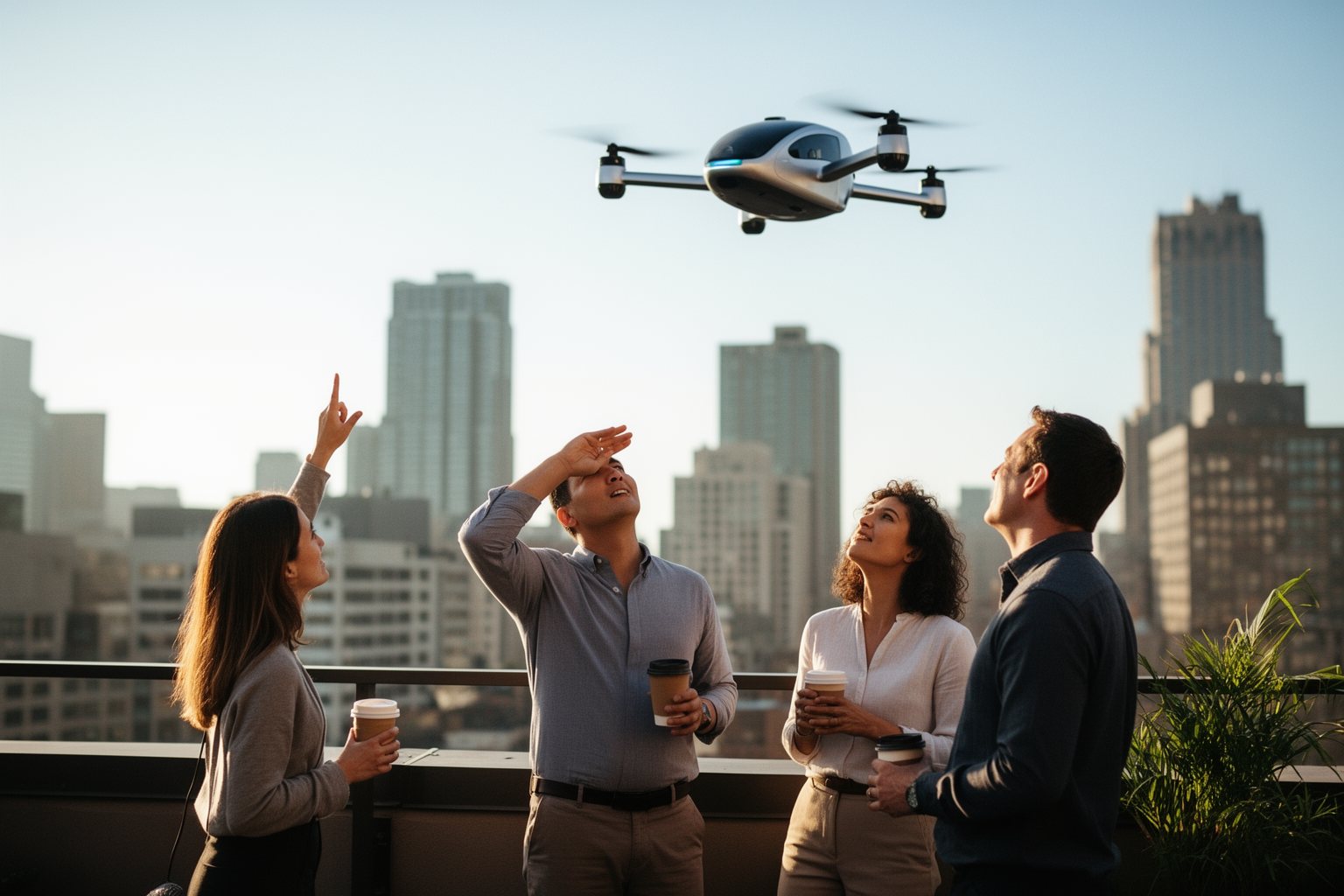 Jetsons Reality: The Dawn of Flying Cars People on a rooftop terrace watching an electric air taxi pass overhead
