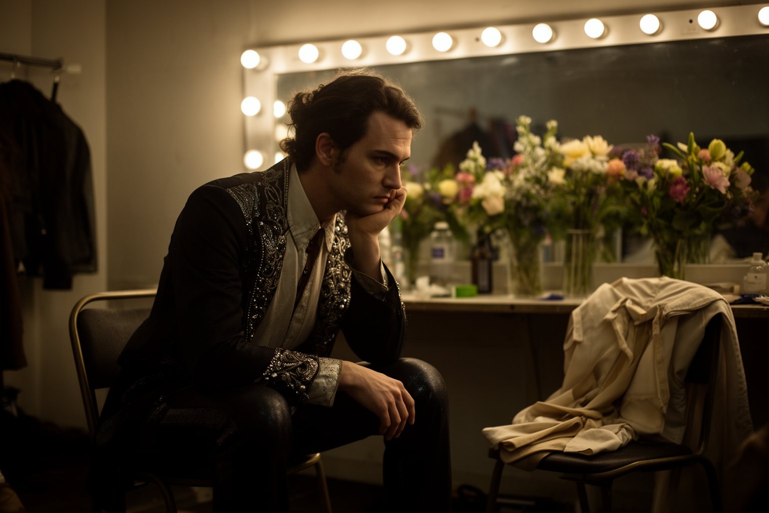 Entertainment Industry Behind the Scenes: Hidden Faces Performer sitting alone and reflective in a dressing room after a show