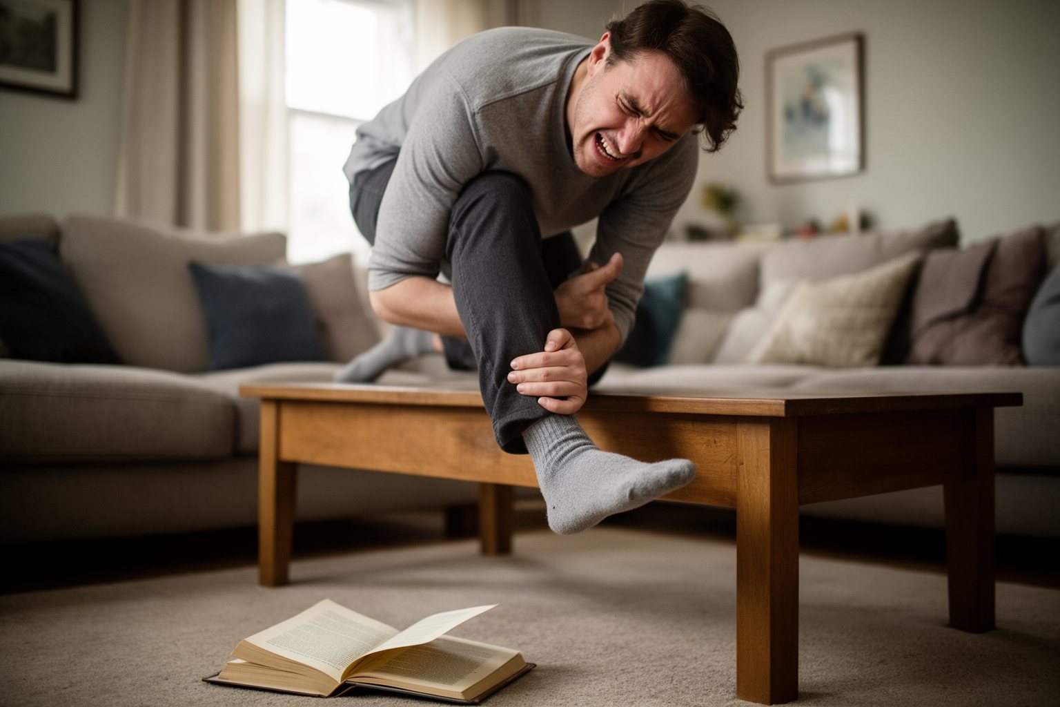10 Hilarious Things That Happen to Everyone Person hopping and wincing after stubbing a toe on a coffee table at home