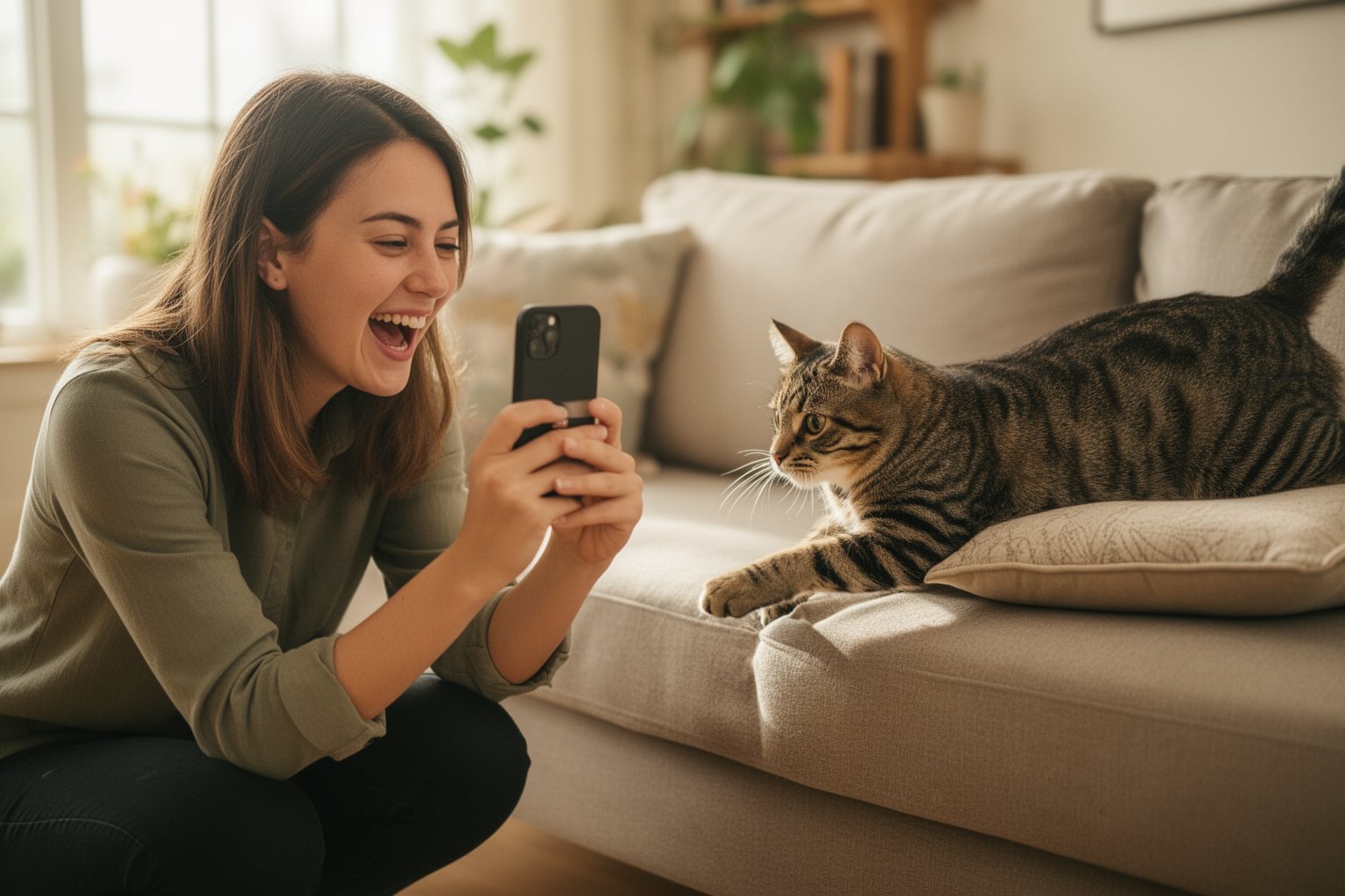 10 Epic Fails: Hilarious Pet Antics That Went Viral Owner filming her cat on a phone as it knocks a cushion off the sofa
