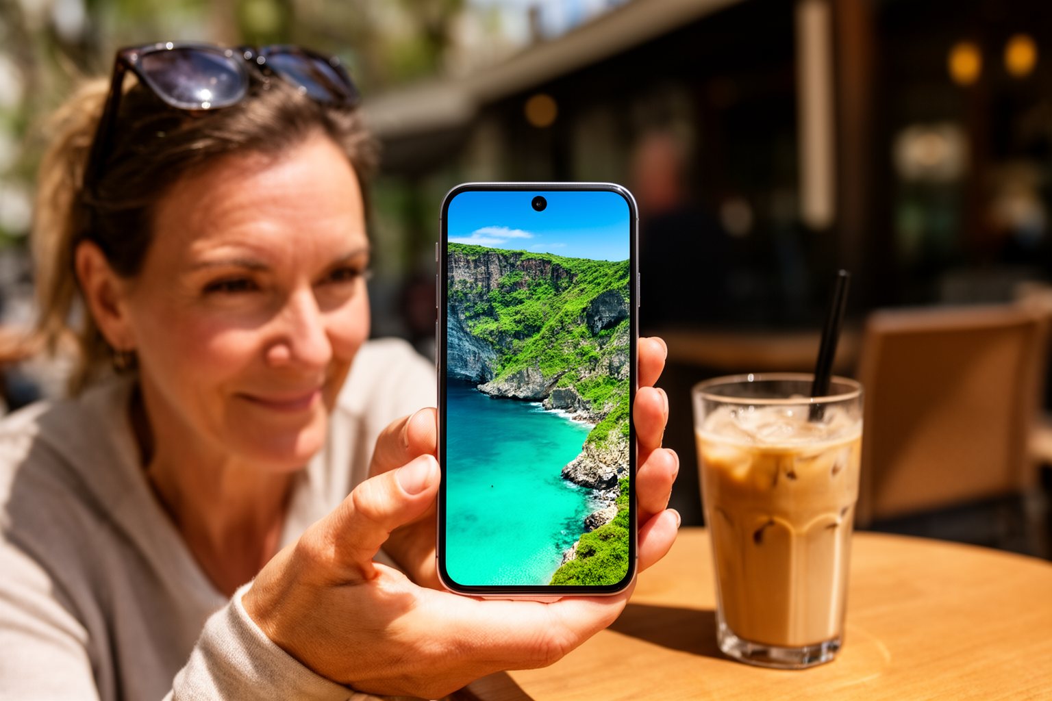 Samsung Galaxy S24 Features: Design, Camera and Battery Woman reading a bright smartphone display in direct sunlight at an outdoor café