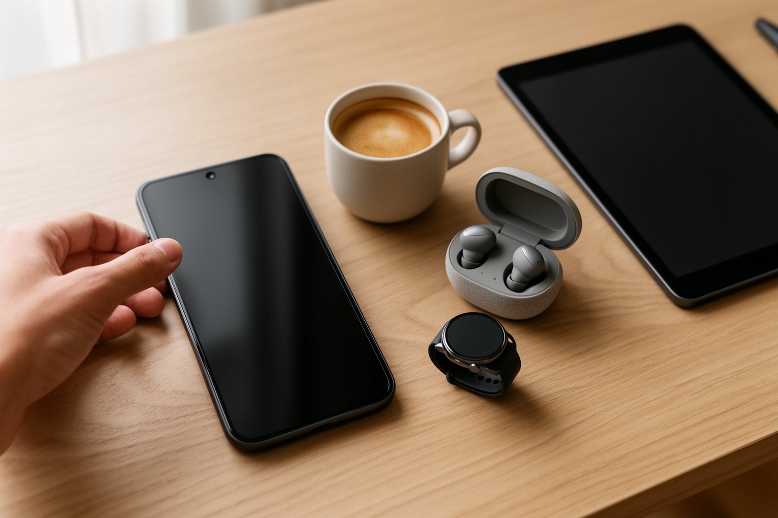 Samsung Galaxy S24 Features: Design, Camera and Battery Smartphone, smartwatch, wireless earbuds and a tablet arranged together on a desk
