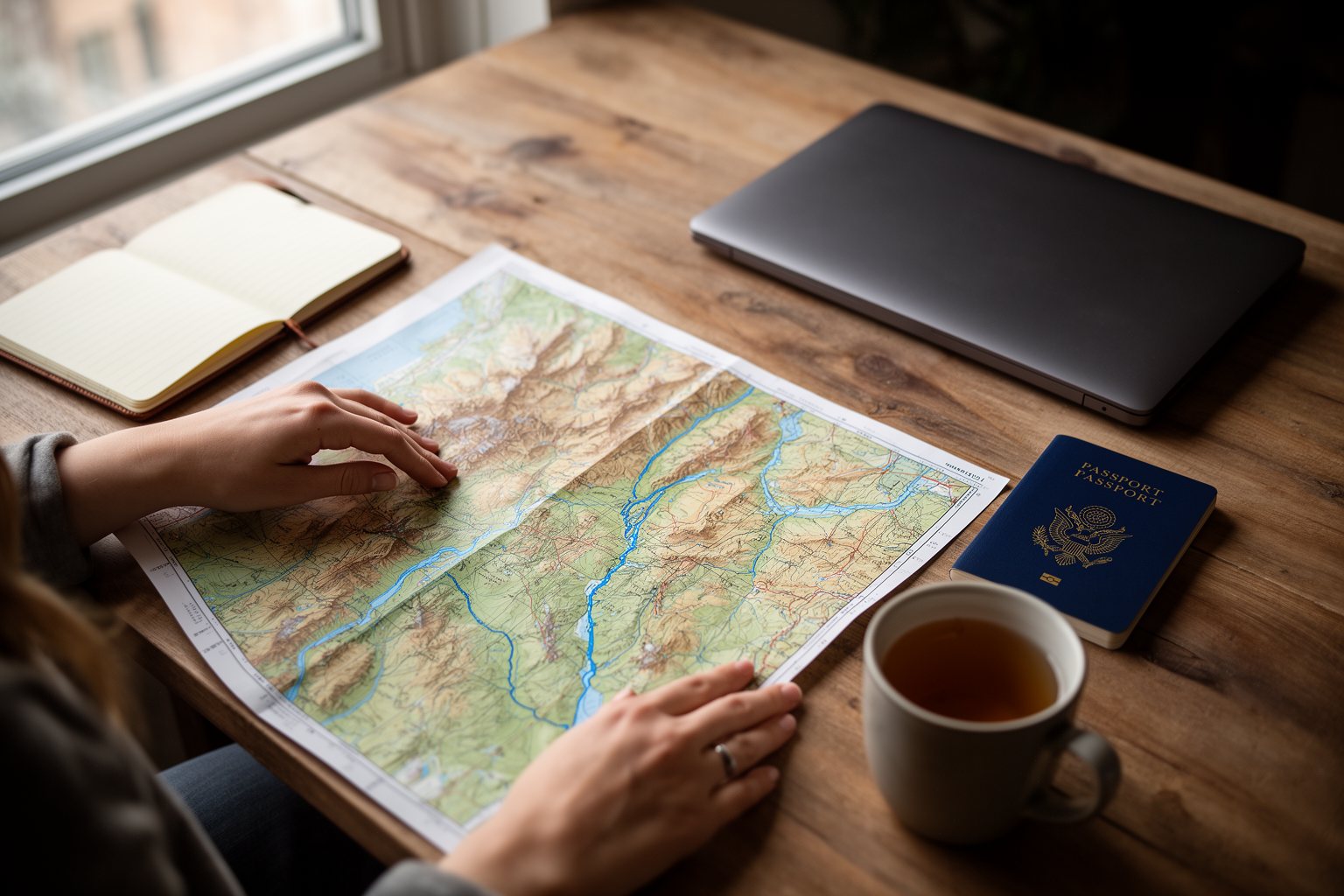 The Ultimate Guide to Spending Holidays Alone Woman planning a solo holiday with a paper map, a passport and a mug of tea