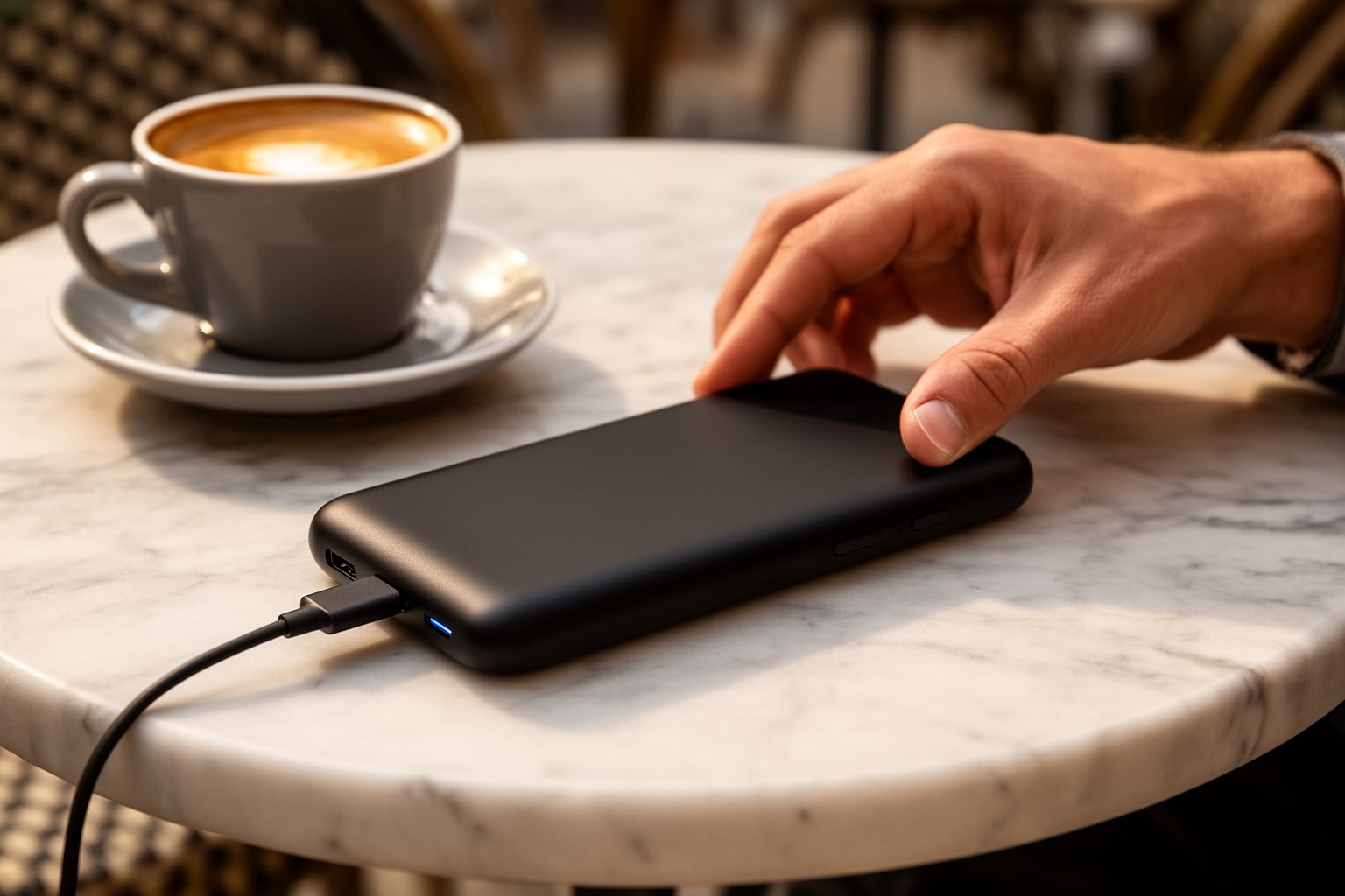 Unveiling The Top 10 Travel Gadgets You Never Knew You Needed Compact portable charger topping up a smartphone on a café table during a day of sightseeing
