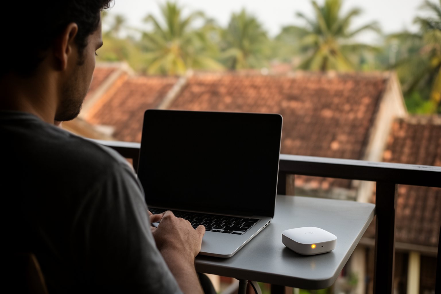 Unveiling The Top 10 Travel Gadgets You Never Knew You Needed Traveler working on a laptop on a guesthouse balcony with a portable Wi-Fi router beside it