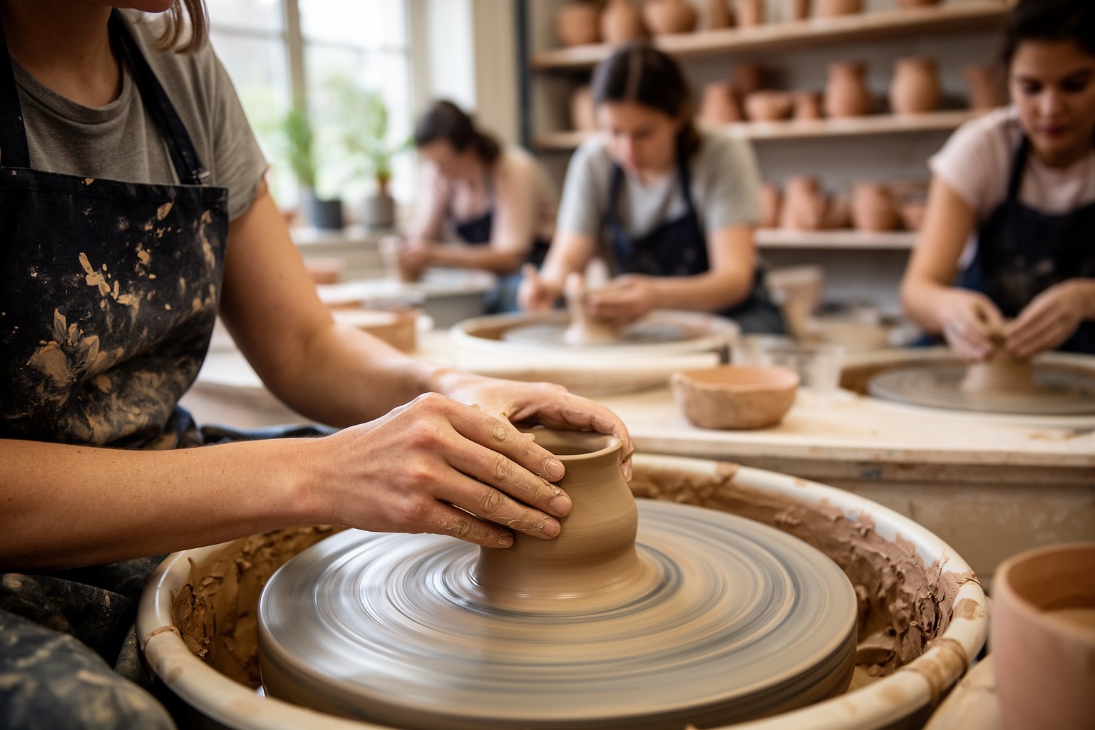 Hands shaping clay on a pottery wheel at a beginner class, trying a new hobby