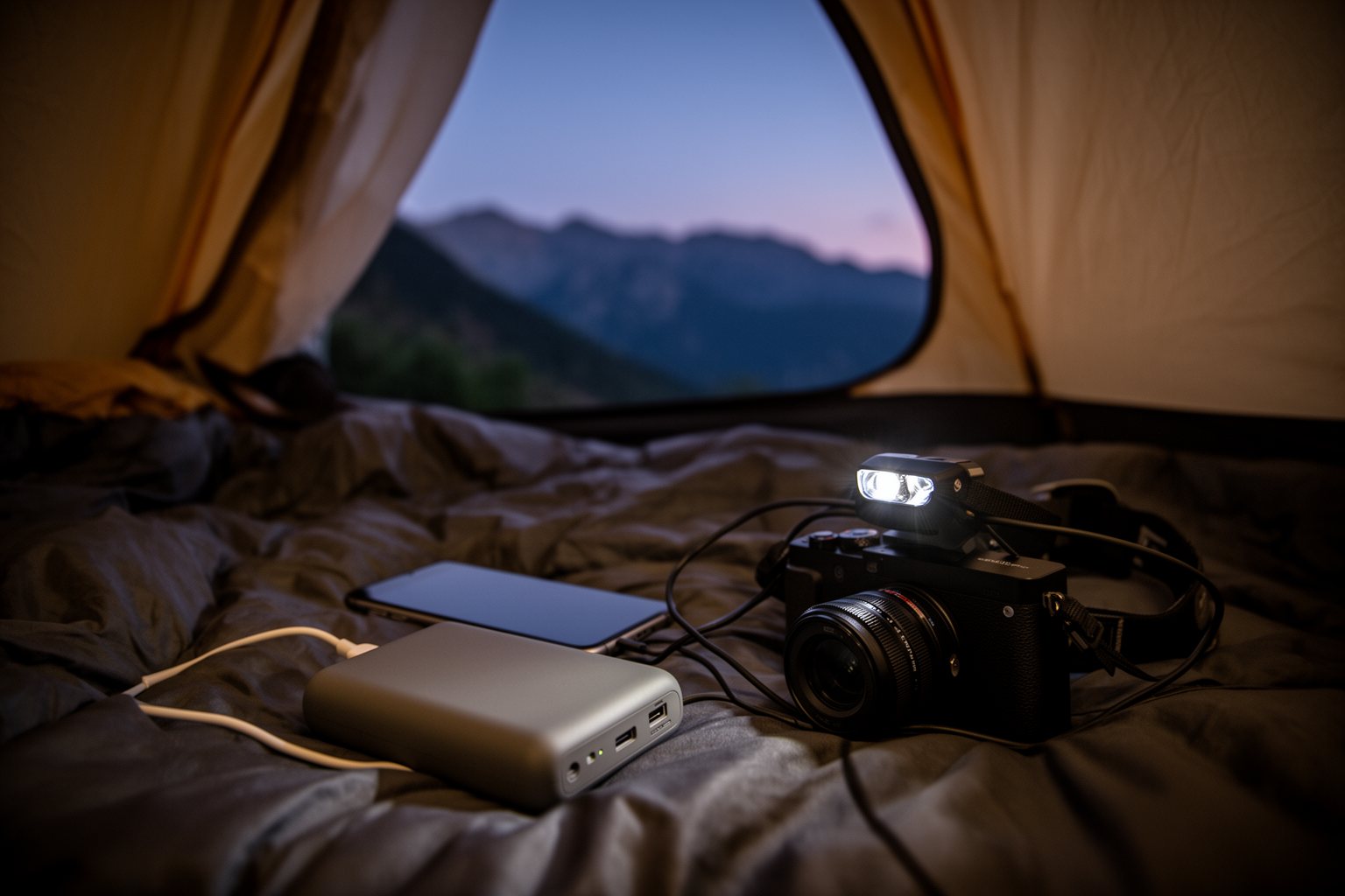 Unveiling The Top 10 Travel Gadgets You Never Knew You Needed High capacity power bank charging a phone and camera inside a tent on a camping trip