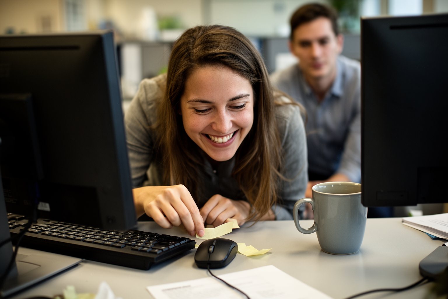 Tech Pranks that Went Viral Office prankster sticking tape under a colleague's mouse, a classic harmless tech prank