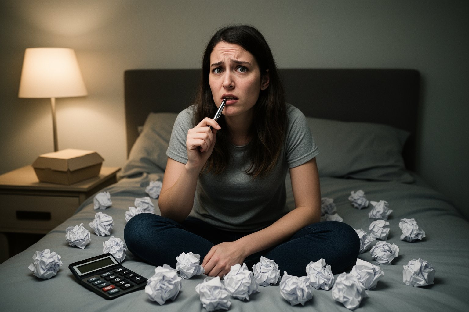 The Humorous Side of #Adulting: Welcome to the Real World Baffled young woman on her bed surrounded by crumpled receipts and a calculator