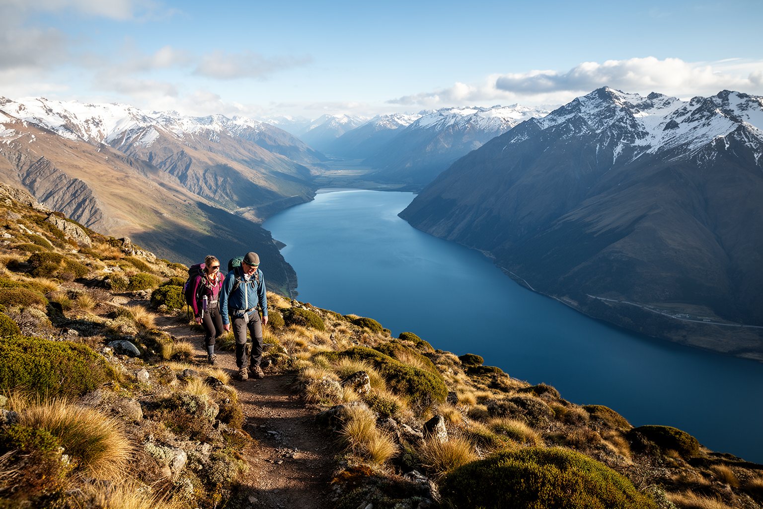 Unveiling the Top 10 Must-Visit Destinations: Your Ultimate Travel List Hikers on a ridge trail above Lake Wakatipu and the mountains around Queenstown, New Zealand