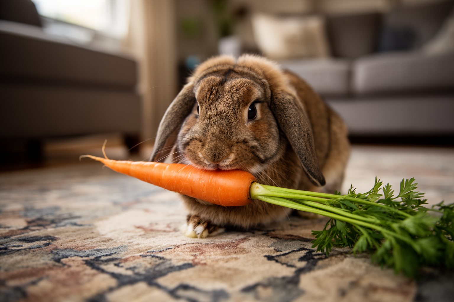 10 Epic Fails: Hilarious Pet Antics That Went Viral Brown rabbit tugging at a carrot almost as long as itself on a living room rug
