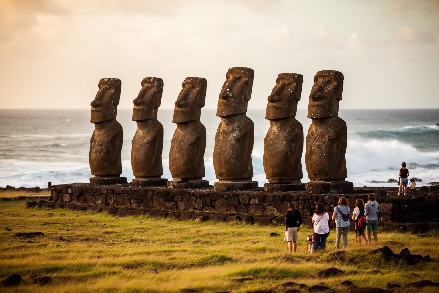 10 Secret Destinations Only Travel Pros Know Row of moai statues on a stone platform on the grassy coast of Rapa Nui, Easter Island