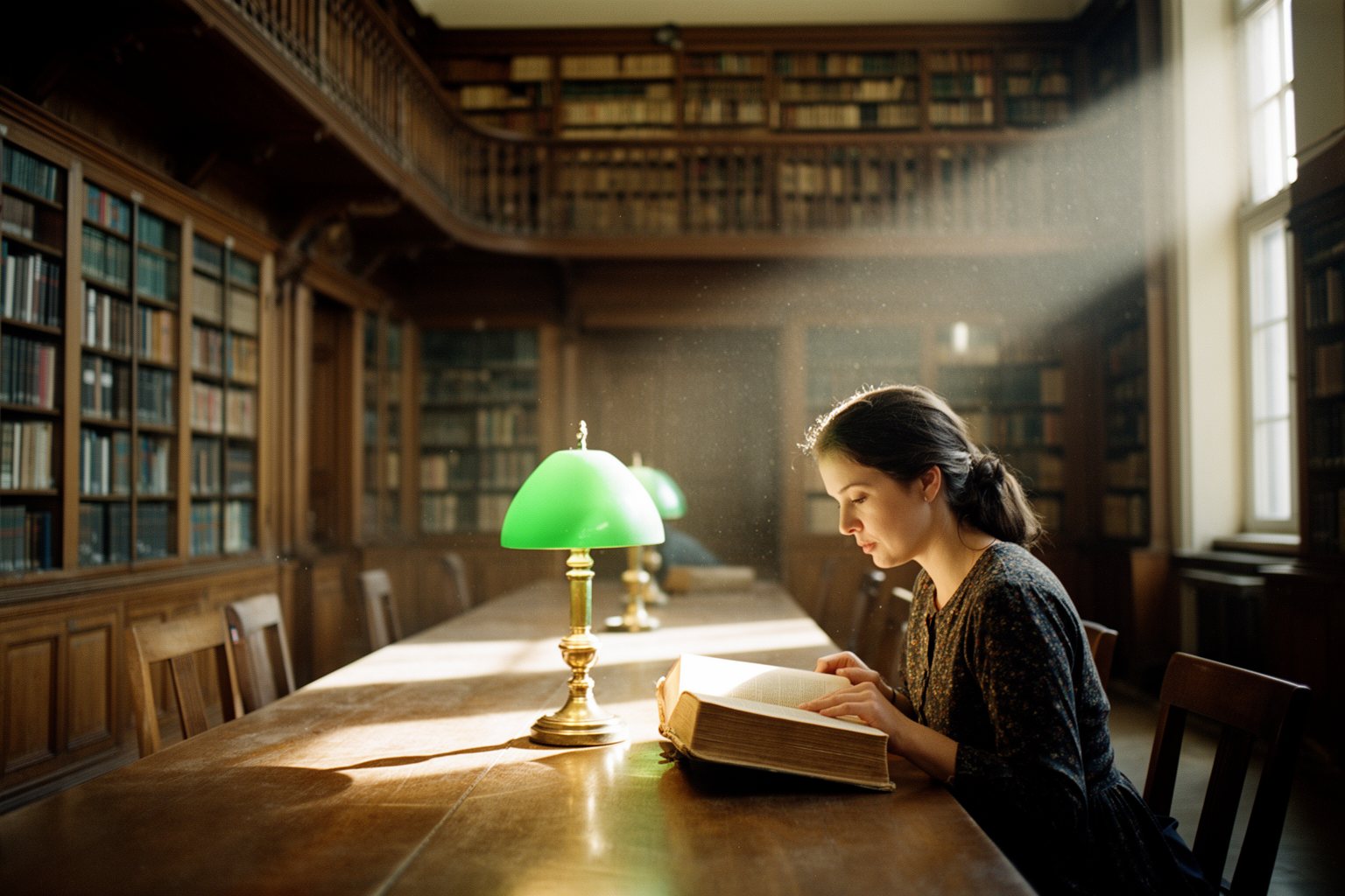 The Upside of Optimism: How to Always Look on the Bright Side Reader studying old philosophy books in a historic library reading room