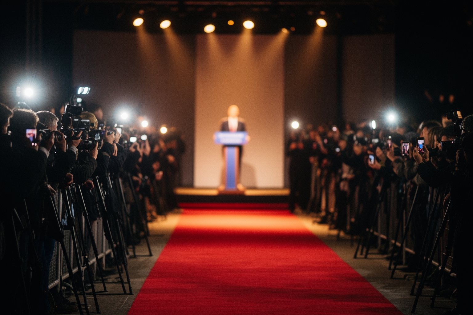 Star-Politicos: Is Mixing Celebrities and Politics a Ticking Time Bomb? Photographers and a crowd at an evening political event staged like a red carpet premiere