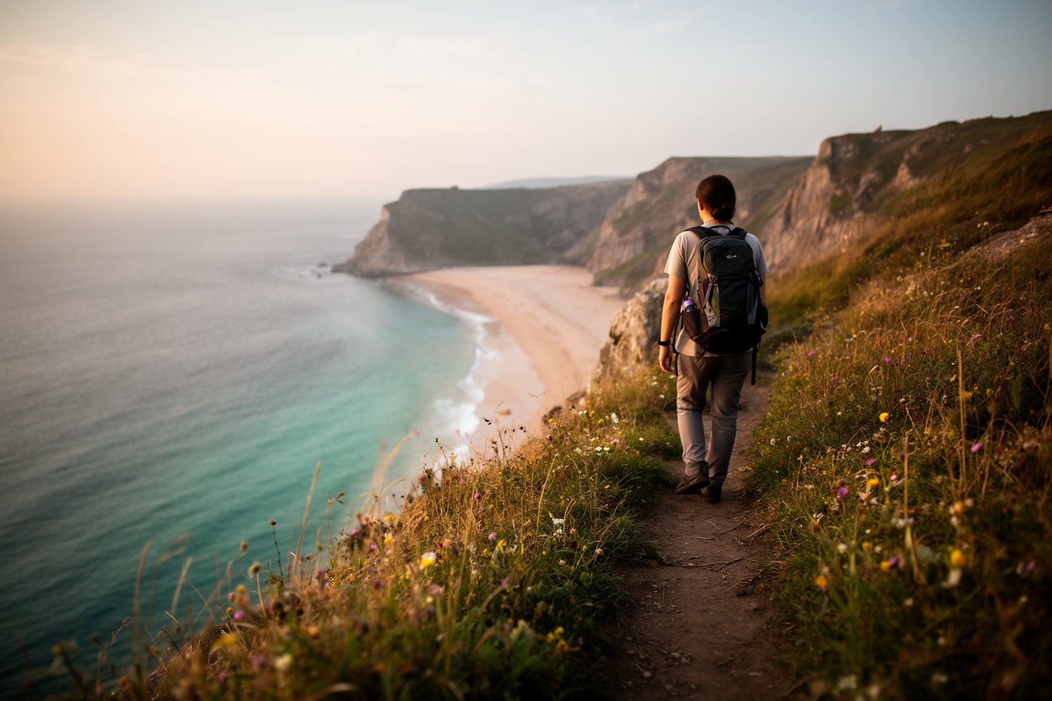10 Secret Destinations Only Travel Pros Know Hiker walking a remote, empty coastal path at sunrise above a quiet cove