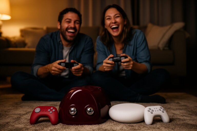Decoding the Top 10 Console Games of All Time! Friends in a living room surrounded by retro and modern game consoles and controllers