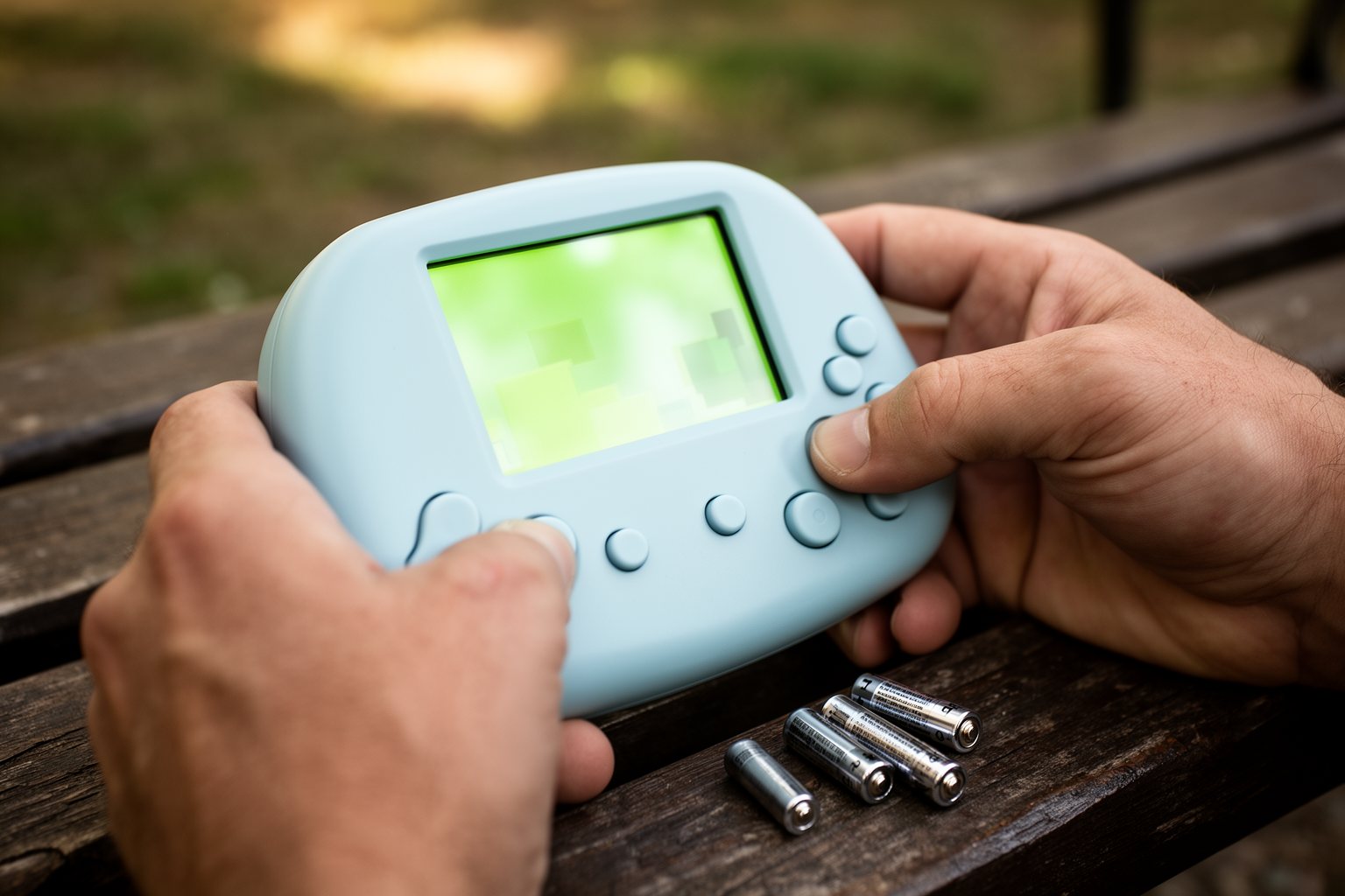 Hands playing a chunky grey retro handheld console on a park bench