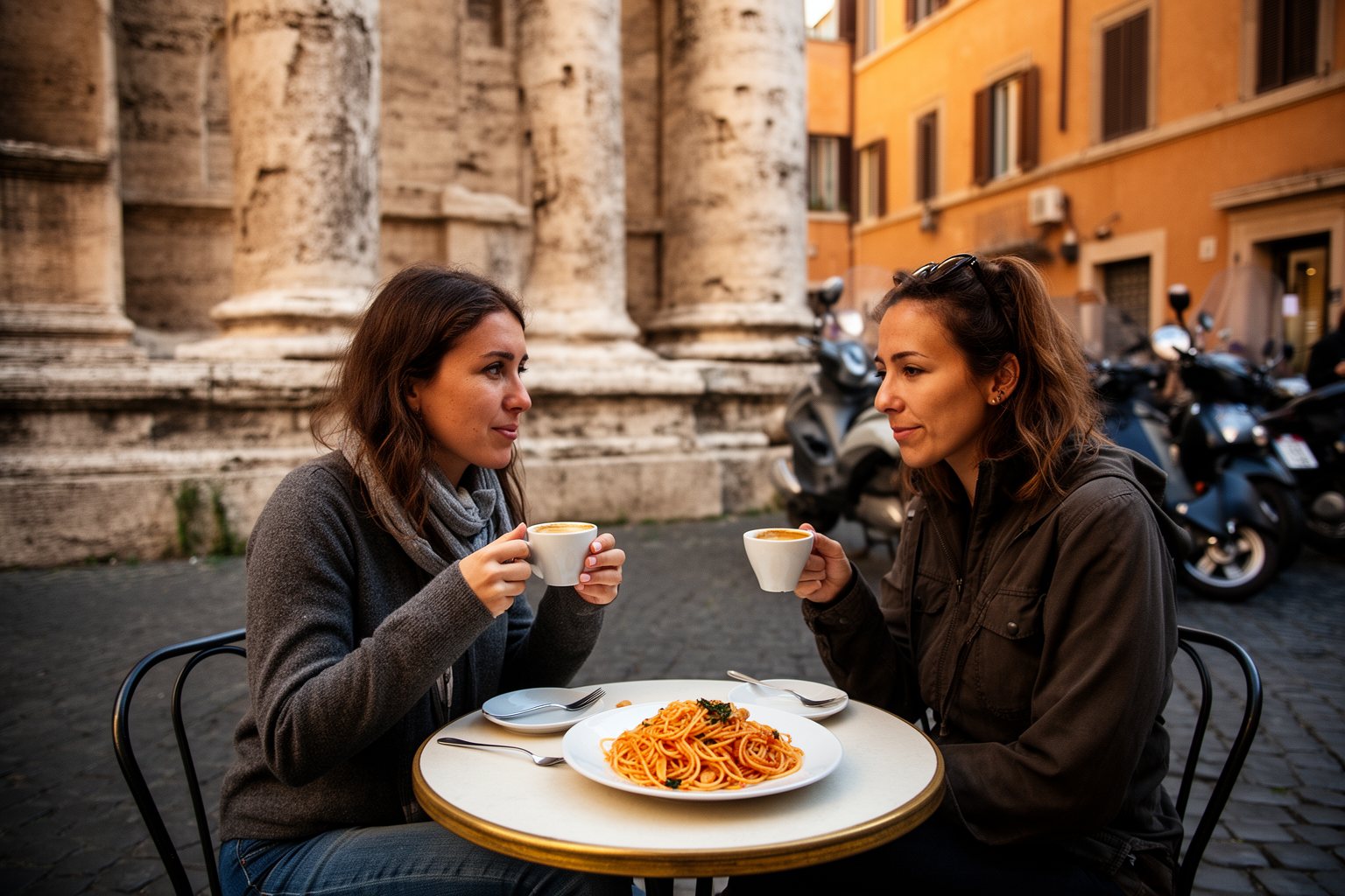 Unveiling the Top 10 Must-Visit Destinations: Your Ultimate Travel List Travelers at a Rome café table with espresso and ancient stone ruins in the background