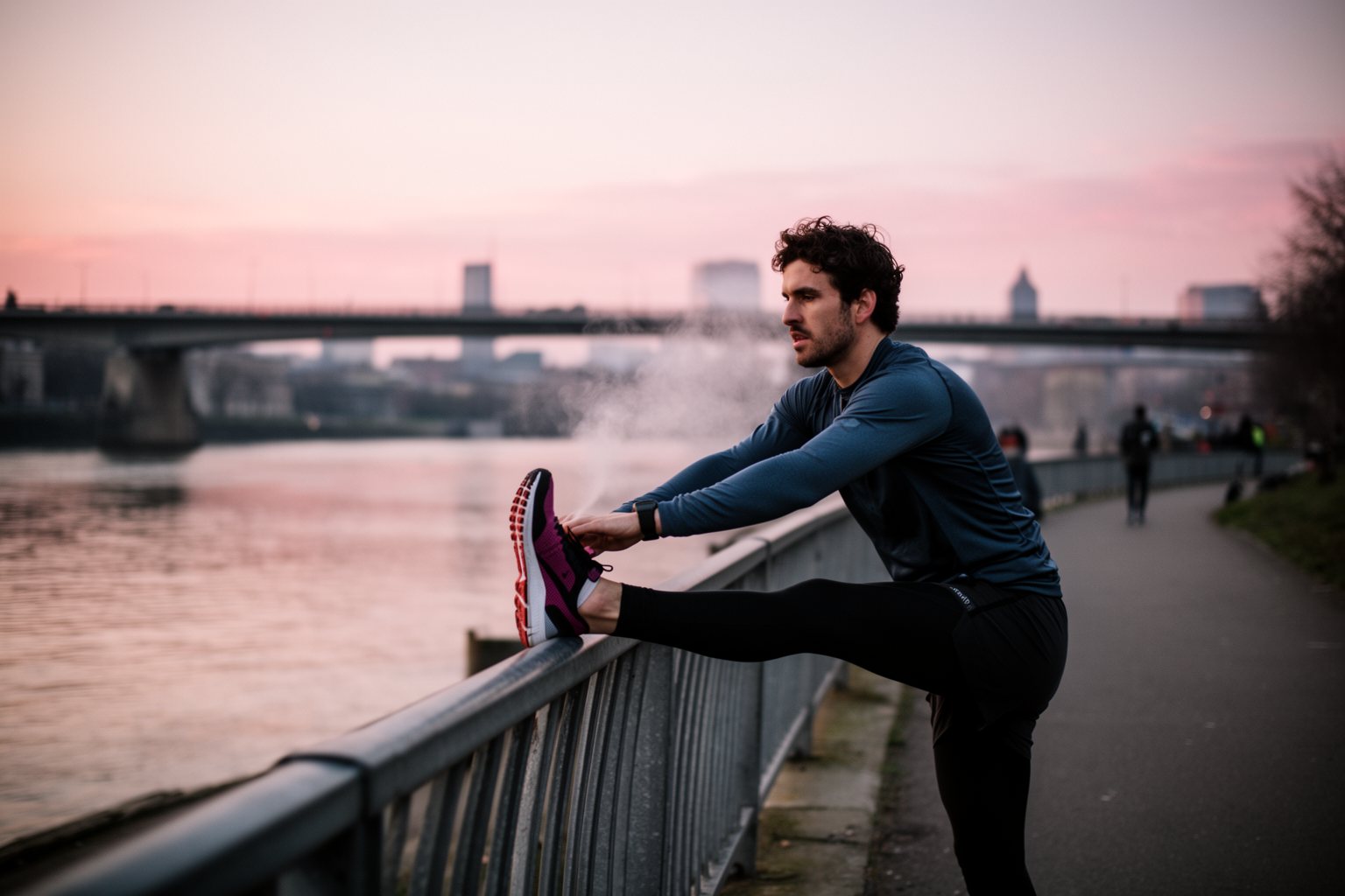 Runner stretching on a riverside path at dawn before a morning workout