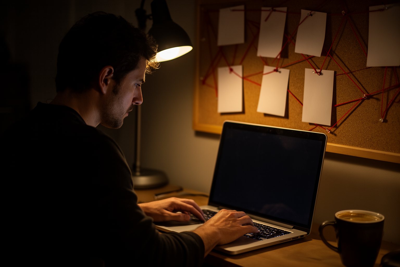 Entertainment Industry Behind the Scenes: Hidden Faces Screenwriter working late at night at a laptop beneath a corkboard of plotting cards