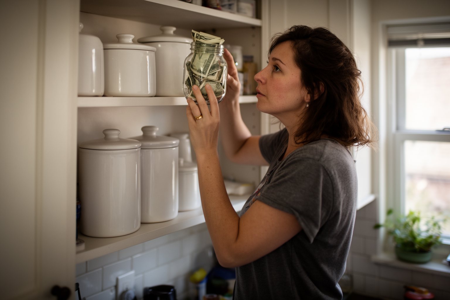 Money Secrets in Relationships: Rebuilding Love and Trust Woman placing a jar of saved cash on a high kitchen shelf, concealed savings