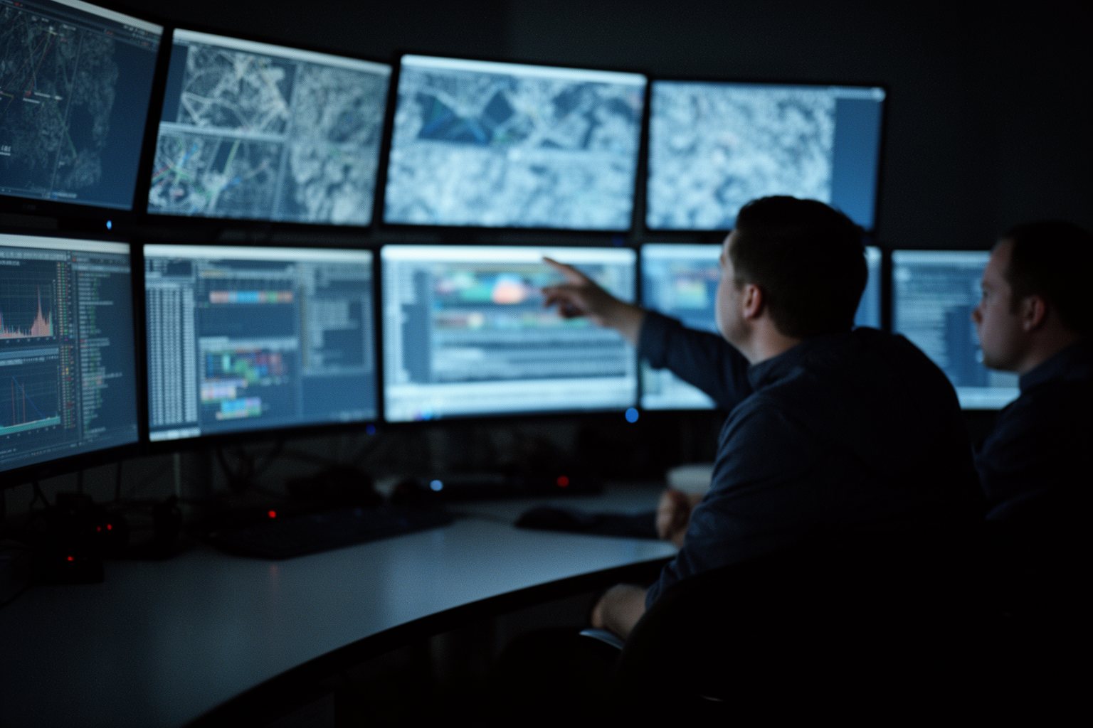 Security analysts watching threat monitors in a darkened security operations centre