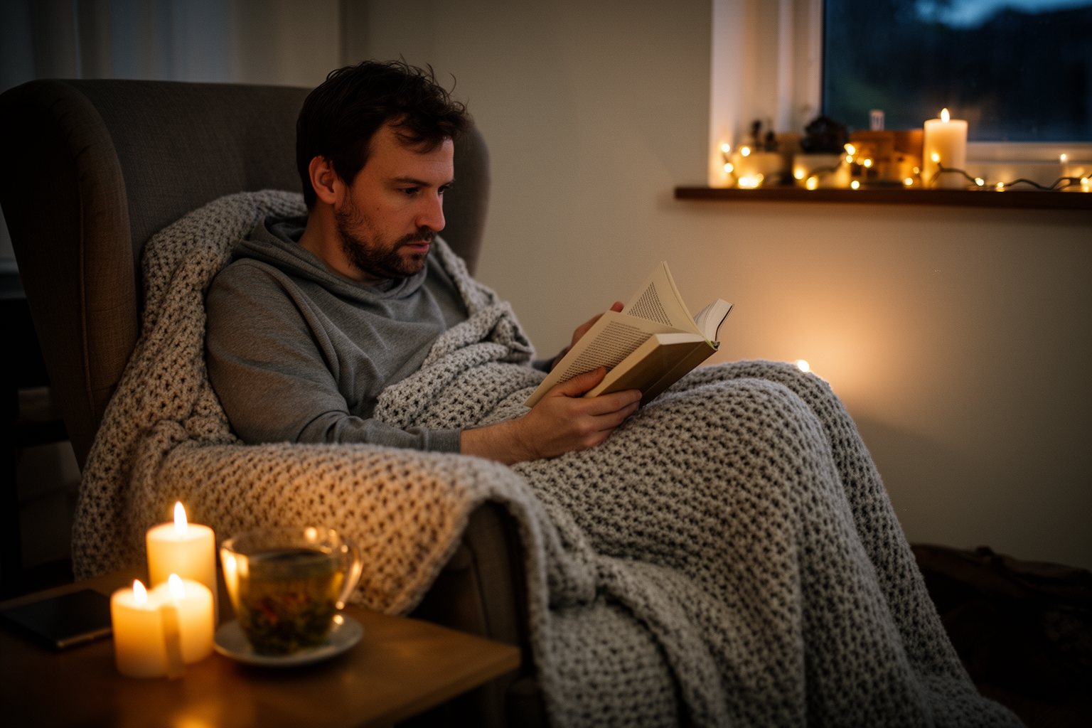 The Ultimate Guide to Spending Holidays Alone Man relaxing under a blanket with tea and a book by candlelight for holiday self-care
