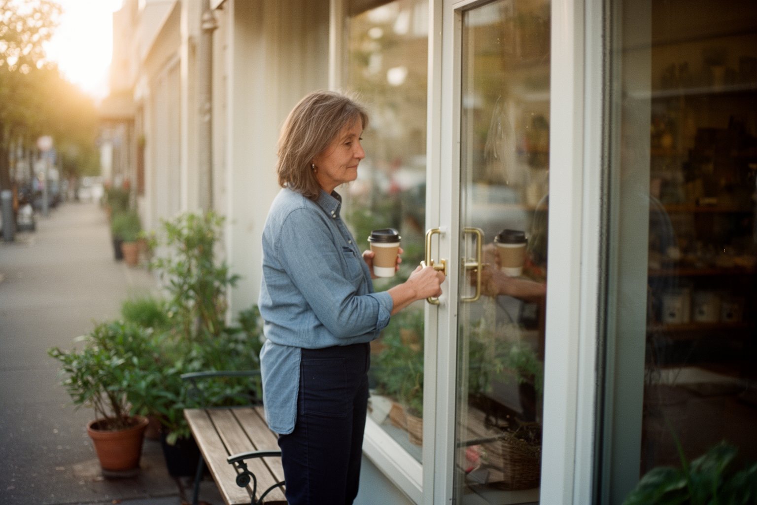 Independent shop owner unlocking the door on a sunny morning, ready for a strong year