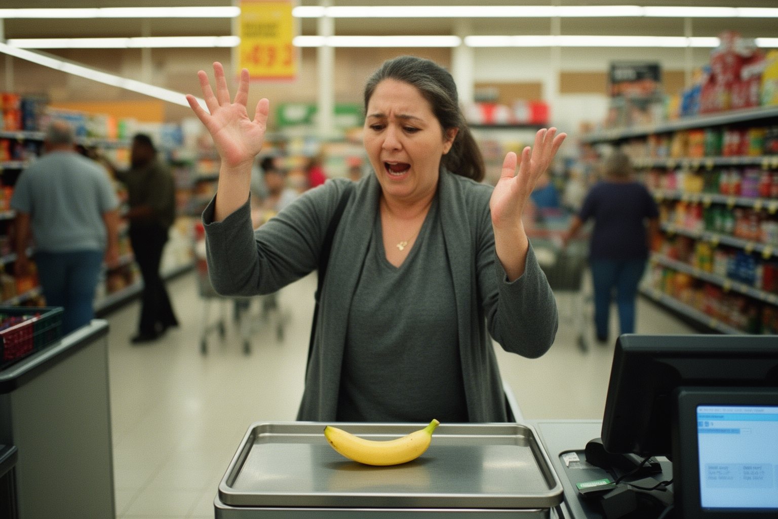 10 Hilarious Things That Happen to Everyone Shopper throwing up their hands at a supermarket self-checkout after an unexpected item alert