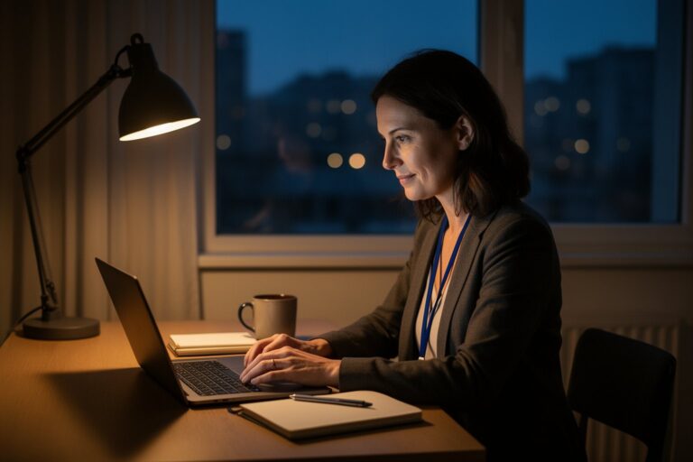 Revealed: The Side Hustle Secrets That Your 9-5 Doesn’t Want You to Know Woman working on her side hustle at a laptop at home in the evening, office lanyard on the table
