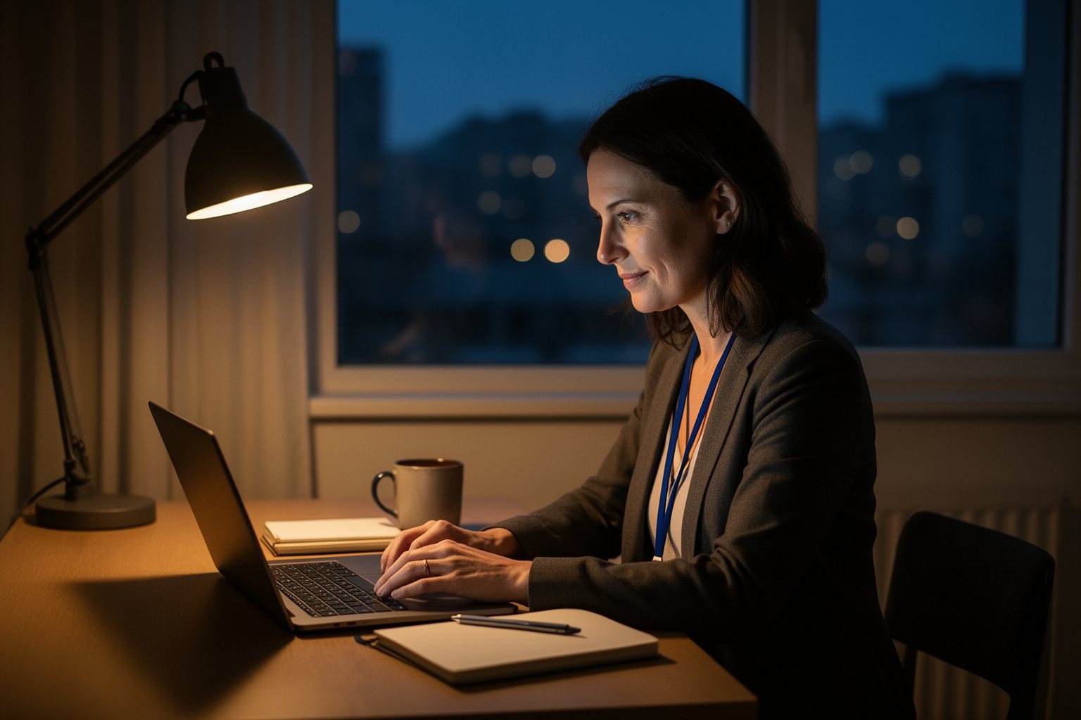 Revealed: The Side Hustle Secrets That Your 9-5 Doesn’t Want You to Know Woman working on her side hustle at a laptop at home in the evening, office lanyard on the table