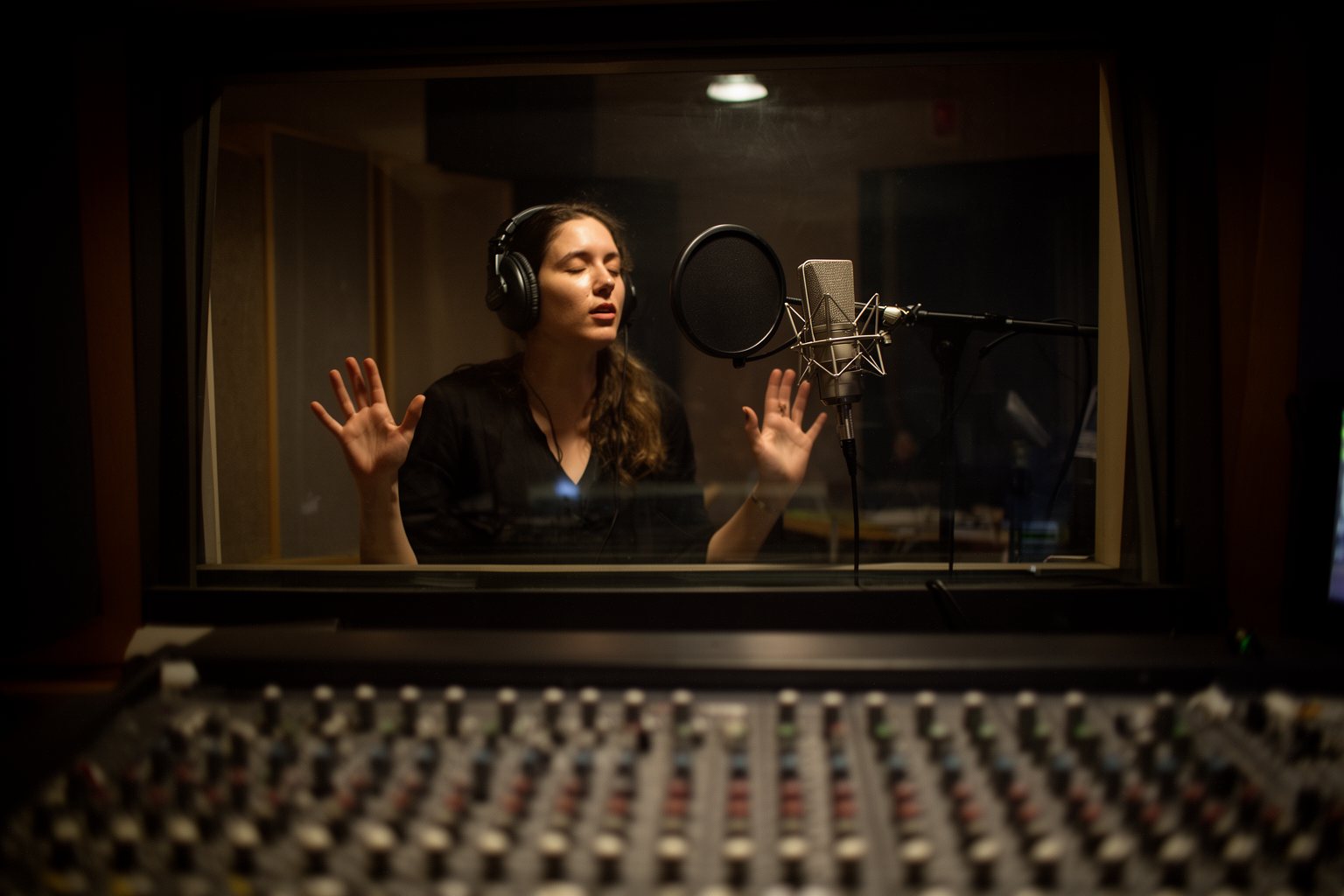 Entertainment Industry Behind the Scenes: Hidden Faces Singer alone in a recording booth late at night, headphones on, eyes closed at the microphone