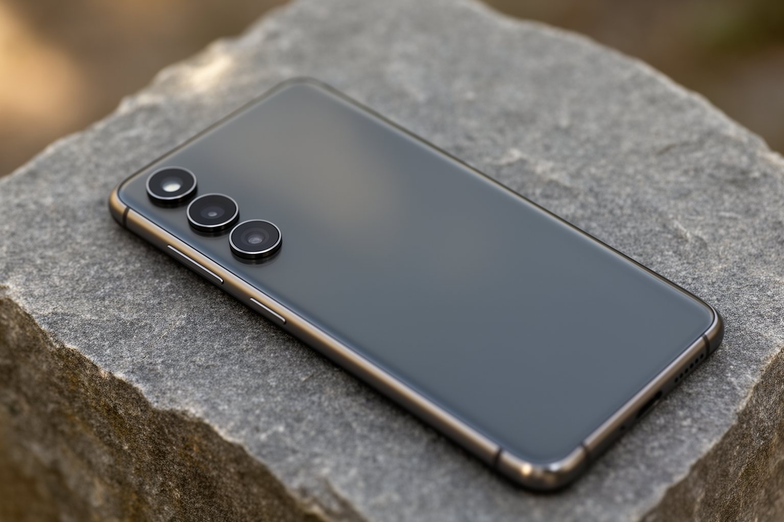 Samsung Galaxy S24 Features: Design, Camera and Battery Slim smartphone with a glass back and flat metal frame resting on a stone surface