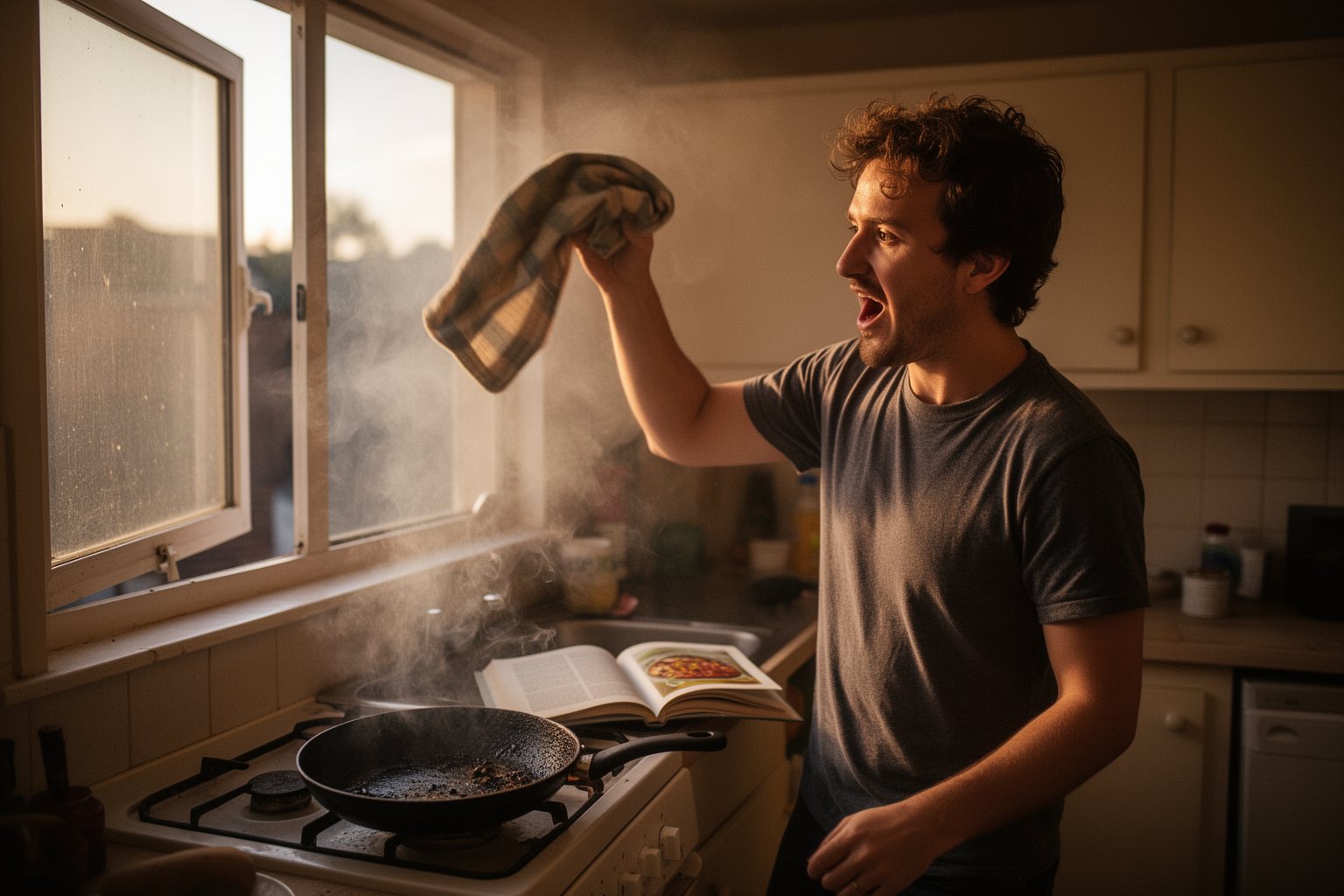 The Humorous Side of #Adulting: Welcome to the Real World Young man fanning smoke away from a burnt pan in a small kitchen