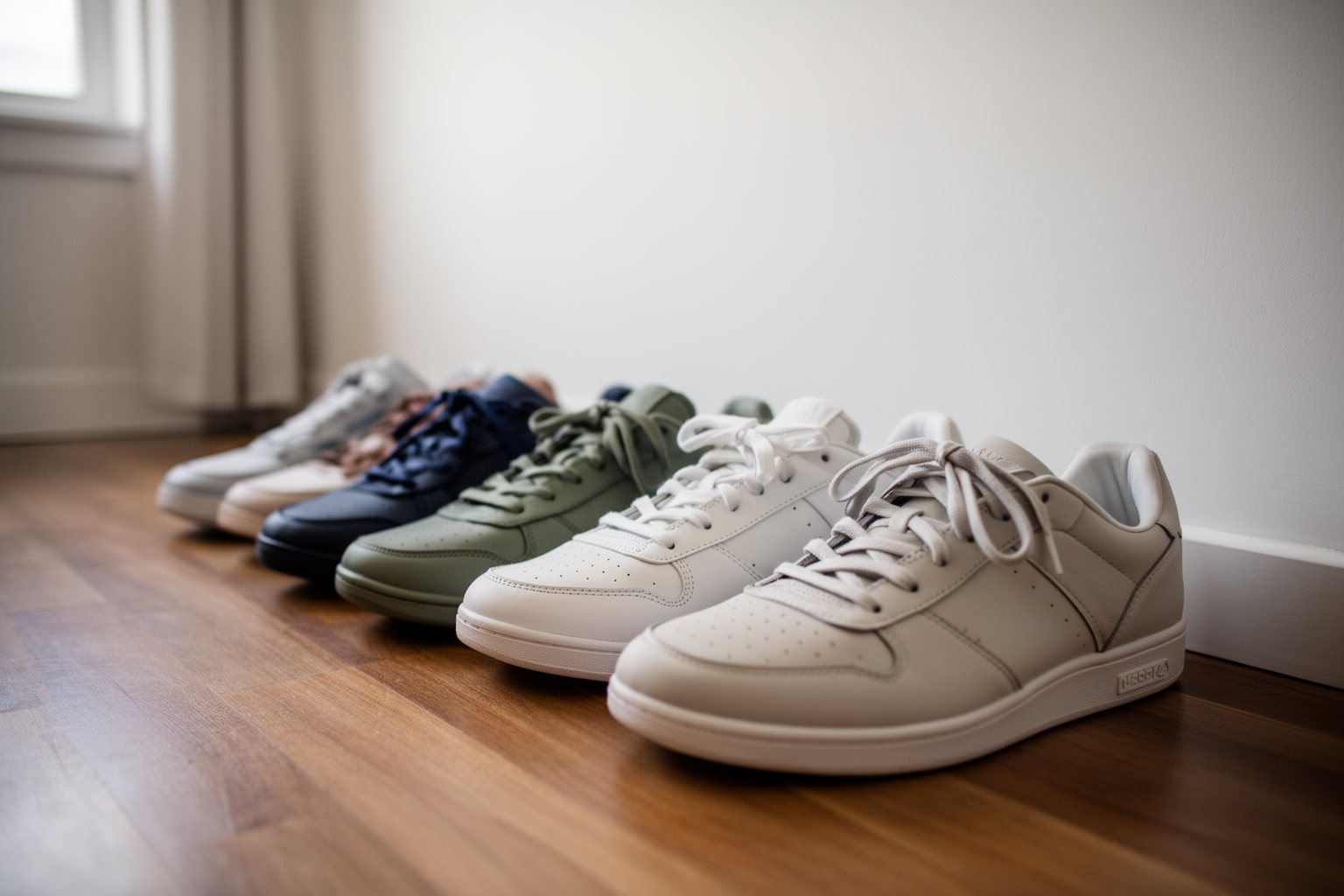 10 Must-Have Fashion Items for Teen Boys Row of clean sneakers in different colourways lined up on a wooden floor