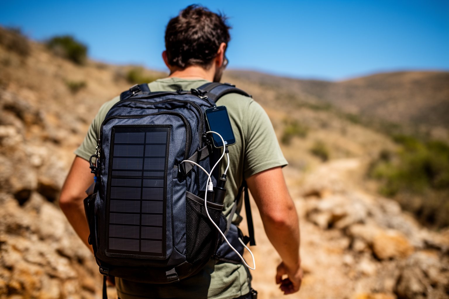 Unveiling The Top 10 Travel Gadgets You Never Knew You Needed Hiker on a sunny trail with a solar-powered backpack charging a phone through a cable