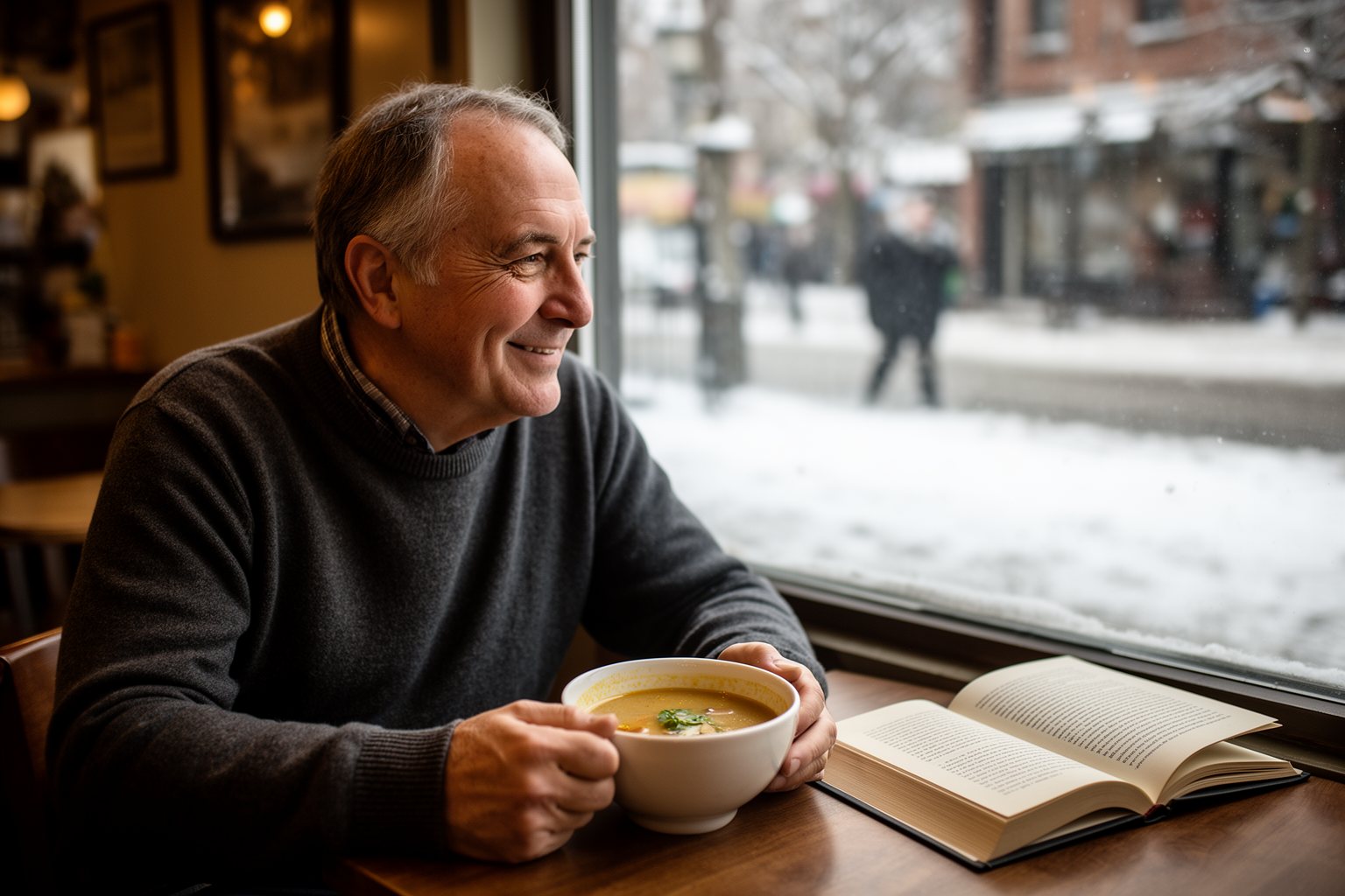 The Ultimate Guide to Spending Holidays Alone Man enjoying lunch alone at a café window with a book