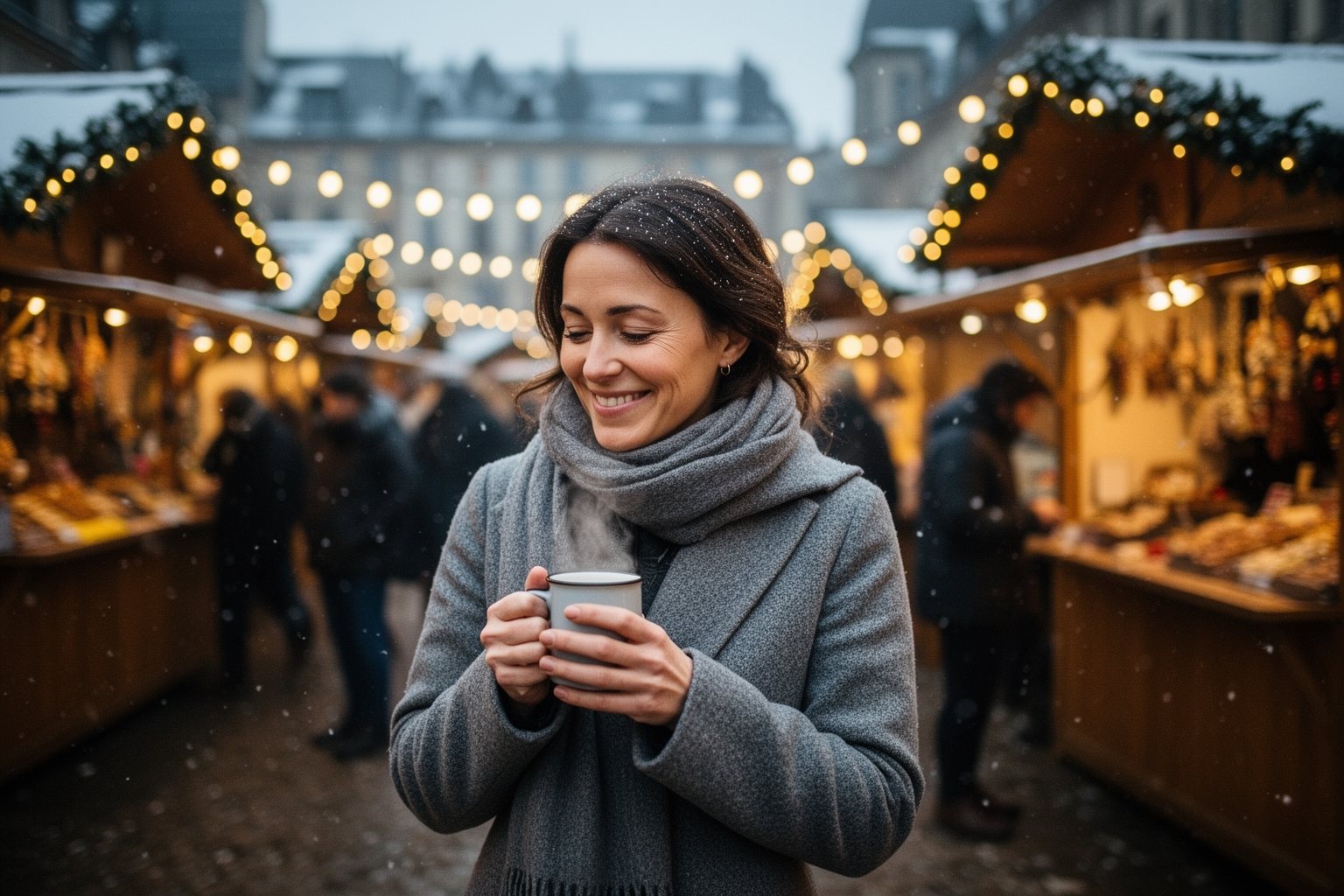 The Ultimate Guide to Spending Holidays Alone Woman enjoying a warm drink alone at a festive winter market at dusk, spending the holidays alone
